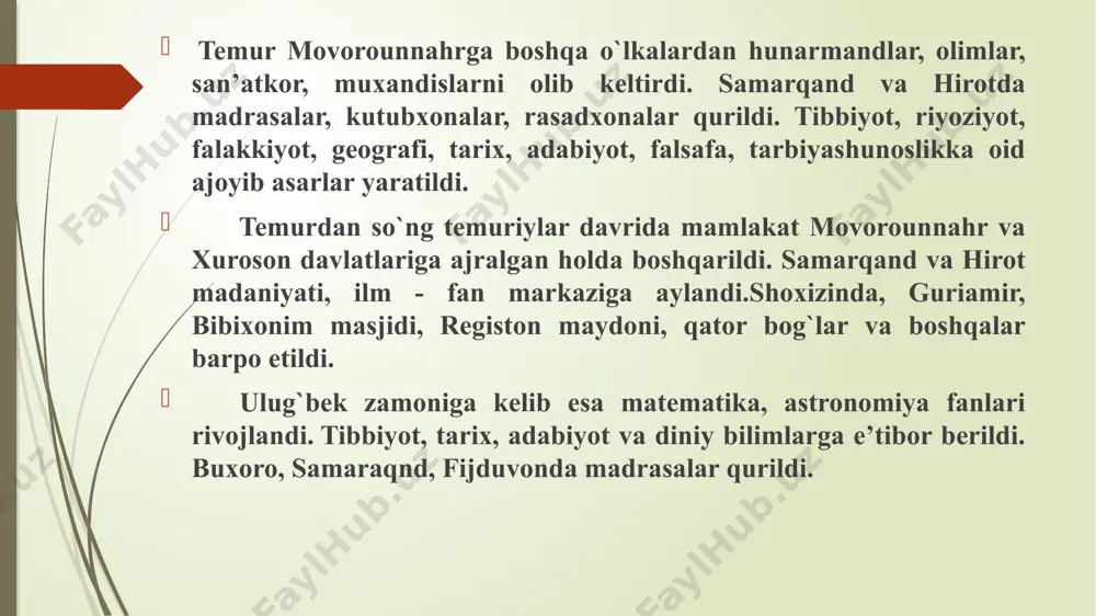 y hunarni puxta egallagan, jasur, mard bo`lib etishuviga alohida ahamiyat beradi. har bir kishi do`stona hamkorlik bilan hayotiy muammolarni hal etishi mumkin, kishi yolg`iz o`zi, do`stlarsiz hech narsa qila olmaydi. uning ta'kidlashicha, har bir insonning axloqiy shakllanishi olimlar o`rtasidagi munosabatlarga ham bog`liqdir, ular o`rtasidagi yaxshi hamkorlik talabalarning axloqiy tarbiyasida g`oyat muhimdir. bunday do`stona va beg`araz hamkorlik mohiyatini biz ulug`bek faoliyati misolida ko`rishimiz mumkin. masalan, ali qushchi umrining oxirigacha unga sodiq qoldi. ulug`bek o`zining ko`p yillik mehnati evaziga yaratilgan “ziji ko`ragoniy” asarini unga ishonib topshirdi va u o`z navbatida ustozining ishoncini oqladi. zahiriddin muhammad boburning pedagogik qaras zahiriddin muhammad boburning pedagogik qarashlari bobur mirzo farq`ona viloyatining hukmdori umarshayx, ya'ni sohibkiron amir temurning chevarasi oilasida 1483 yilda tavallud topdi «boburnoma» asari zoologiya, botanika, astronomiya, etnografiya, tarix, tilshunoslik soxasidagi kimmatli yodgorlikdir. shu bilan birga "boburnoma"da adabiyot, diplomatiya, xarbiy san'at, moliya soxalaridan xam ma'lumotlar olish mumkin. ali qushchi (1403-14730 astronomiyaga oid "risolai dar falakkiyot" …