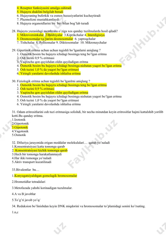 larni sanab bering ? 1. hujayrani atrofi muhitdan ajrattib turish 2. o’zidan suvni, ionlarni hamda kerakli moddalarni o’tkazish 3. тashqi signallarni qa’bul qilish (рreseptorlik) 4. тanlab o’kazuvchanlik 5. boshqa hujayralar bilan munosabatda bo’lish 6. hujayrada antogonistik jarayonlarni bir vaqtda kechishini ta’minlash 7. sintez va katalizda ishtirok etishi 8. hujayra bo’linishida ishtirok etishi 9. metabolik jarayonlarni boshqarishi 10. krebs siklini amalga oshishida ishtirok etishi 24. faol bo’lmagan transport jarayoni yo’li bilan memrana orqali o’tadigan moddalarni ko’rsating 1. suv 2. ionlar 3. past molekulyar moddalar 4. suvdagi tuz eritmalari 5. аnionlar va kationlar 6. yuqora molekulyar moddalar 25. hujayraga moddalarning kirishi va chiqishini ta’minlovchi xil mexanizmni ko’rsating? 1. deplazmoliz 2. оsmos 3. ekzositoz 4. endositoz 5. turgor 6. plazmoliz 7. dializ 8. gemoliz 26. hujayra membranasida ro’y beradigan са, к, nа ionlari nasosi jarayonlari asosida nimalar ro’y berishini belgilang ? 1. mushaklarda qisqarish 2.sekresiya jarayoni 3.hujaylarda qo'zg'alish 4. nervlar bo’ylab qo’zg’alishning o’tqazilishi …