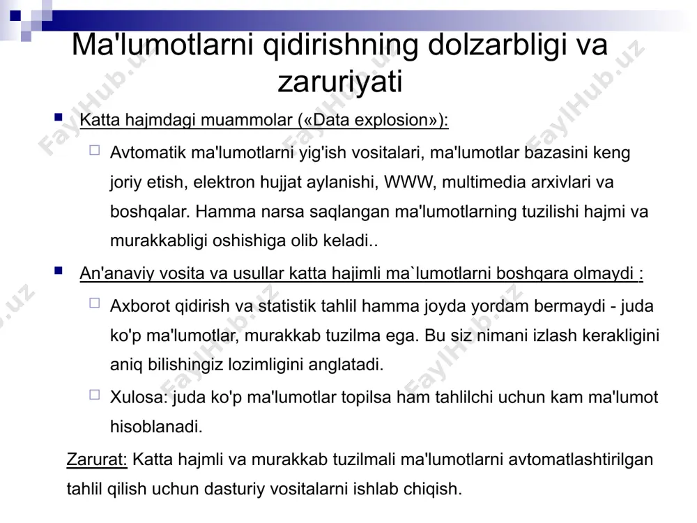 ri - raqamli va toifali atributlarga ega va vaqt tamg'asi bilan turli tuzilmalarning "hodisalari" relyatsion va obyektli mbbt tahlil ob'ektlari - raqamli va toifali atributlarga ega va berilgan vaqt bilan turli tuzilmalarning "hodisalari" ko'p o'lchovli olap xotirasi tahlil ob'ektlari ko'p o'lchovli olap kubining bo'laklari, ya'ni. belgilangan o'lchov qiymatlari bilan raqamli o'lchovlar to'plami vaqt seriyalari va katta hajmli raqamli ma'lumotlar kuzatishlar, ilmiy tajribalar natijalarini qayta ishlash, texnologik jarayonlarning xarakteristikalari 8 kirish ma'lumotlar turlari geografik va fazoviy ma'lumotlar tahlil qilishda ob'ektlarning geografiyasini hisobga olgan holda (masalan, o'xshashlik yoki masofa o'lchovini aniqlashda), kosmosdagi harakatni hisobga olgan holda (moving objects) fazoviy koordinatalarga bog'lash. belgilar ketma-ketligi dnk zanjirlari, mashina kodlari, jarayonni bajarish izlari, plda dastur matnlari tabiiy tilda elektron matnlar hujjat mazmunini tahlil qilish, taqdim etish muammosi, morfologiya gipermatnli ma'lumotlar va www giperhavolalar va matnsiz tarkibni hisobga olgan holda tabiiy tilda tuzilgan matn multimedia ovoz, video, tasvir 9 image1.png /docprops/thumbnail.jpeg