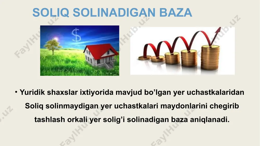 icha soliq solinadigan bazani hisoblab chiqarilgan va texnik ehtiyojlar uchun o`zi foydalangan suv resurslari hajmidan kelib chiqqan holda aniqlaydi. binolarning bir qismi, alohida joylar ijaraga topshirilganda soliq solinadigan baza suv yetkazib beruvchi yuridik shaxs bilan shartnoma tuzgan ijaraga beruvchi tomonidan aniqlanadi. ularni ijaraga olgan va suv yetkazib beruvchi yuridik shaxs bilan shartnoma tuzgan yuridik shaxslar soliq solinadigan bazani mustaqil ravishda aniqlaydilar. suv resurslaridan foydalanganlik uchun soliq summasi suv resurslaridan foydalanganlik uchun soliq summasi soliq solinadigan baza va belgilangan stavkadan kelib chiqqan holda hisoblab chiqariladi. suv resurslaridan foydalanganlik uchun soliqning hisob-kitobi suvdan foydalanish joyidagi soliq organlariga ortib boruvchi yakun bilan quyidagi shaklda va muddatlarda taqdim etiladi: 1) suv resurslaridan foydalanganlik uchun to`lanadigan soliqning umumiy summasi yilning bir choragida: -eng kam ish haqining ellik barobaridan ko`pni tashkil etadigan yuridik shaxslar tomonidan (qishloq xo`jaligi korxonalari, mikroforma va kichik korxonalardan tashqari) har oyda, hisobot oyidan keyingi oyining 25- kunigacha; -eng kam ish haqining ellik …