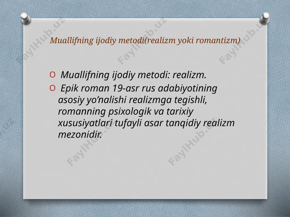 m,istorizm,neologizm),hudud(dialekt)gamansublikni ifodalovchi tasviriy vositalarni tahlil qiling urush va tinchlik romanining ovchilar nutqi(dialektlar): borzyatik – itlarning to’dasini boshqaruvchi shaxs. atu – ovchilarnin quyonga ov vaqtida ol,ushlailib ol va tutib ol degan qiyqirig’i yoki baqirib aytishi. natekat – itlar yordamida hayvoning izlari yordamida yirtqichlarni qidirib topish. ugonka – ovchilarning nutqida hayvonlarni izidan tushish yoki ularni kuzatish, ketayotgan yoki qochib ketayotgan hayvonga jarohat yetkazish asardagi milliy kolorit(qanday milliy an’analar,udumlar aks etganligi)qay darajada ifodalangan bilamizki har bir davlatda nikoh marosimidan avval unashtiruv marosimi tashkil qilinadi va buning orasida biroz bo’lsa ham vaqt talab etiladi. bu asarda andrey bolkonskiy bilan yosh bo’lgan natasha unashtirilishi kerak bo’ladi, ammo lekin andreyning otasi nikohgacha o’z o’g’lini qizdan uzoqroq bo’lgan joyga jo’natib yuboradi . natasha juda ham yosh bo’lishiga qaramasdan sodda dil va ko’ngli bo’sh inson bo’ladi va u bunday qiyin sinovga bardosh berolmaydi. badiiy asarda konflikting qanday turlaridan (inson-inson,inson-texnika,inson-tabiat,inson-jamiyat)foydalanilgan badiiy asarda “inson va jamiyat” konflikytidan foydalanilgan asarda mavjud …