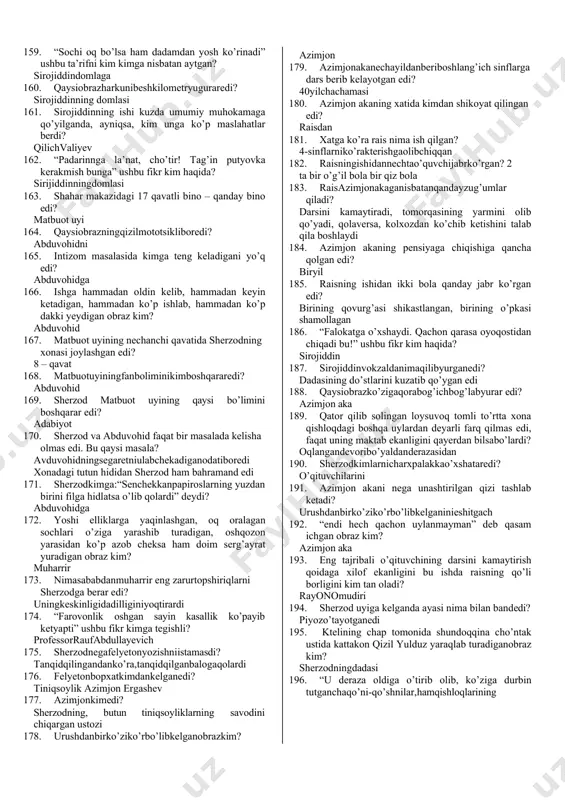 tiqildi, ko’ziga yosh quyilib ketdi. ushbu ruhiy holatning sababi nima edi? turnalarovozi 89. sherzodningfamiliyasikimedi? samandarov 90. keyingi paytlarda rasmiyat yuzasidan sherzodga familiyasini aytib chaqirayotgan ya’ni o’zgarib qolgan obraz kim? shoira 91. kimkunoragohonasini,gohxotininiyuborib sherzoddan xabar oldirib turardi? abduvohid 92. shoira sherzodga: “xotiningiz keldi” deganda sherzodning xayoliga kim kelgan bo’lishi mumkin degan fikr keladi? abduvohidningxotini 93. abduvohidning xotini” kelgan degan oy bilan chiqqan sherzodni ko’rgani aslida kim kelgn edi? farida 94. “ nafis, tekis yuzlari, o’ziga ishonch barq urib turgan qip-qora ko’zlarida kishini mahv etuvchi allanechuk kuch bor edi”, ushbu ta’rig kim haqida? farida 95. “dunyoning ishlari qiziq – musht ketdiga o’xshaydi” ushbu fikr kimga tegishli? sherzodga 96. faridaning turmush qurganiga nechaa yil bo’lgan edi? 3 yil 97. “odamnimingko’ygasolishqo’lidankelardi” ushbu ta’rif kim haqida? farida 98. faridaningaytishicha,eriganimabo’lganedi? vafot etgan edi 99. faridakasalxonaganimauchunkelgan edi? birdo’stini(sherzodni)ko’rishuchun 100. harqandaydardningengyaxshidavosinima? vaqt 101. sherzodfaridaniilkborqachonko’rganedi? 4-kursda o’qib yurgan kezlar 102. sherzod nima sababdan faridaga sevgisini oshkor qilmas edi? muqaddassevgisinihechkimgahattofaridaning …