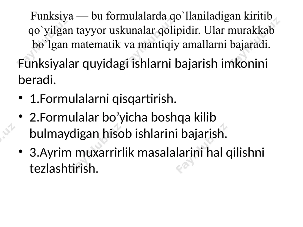 yasi berilgan qiymatlar to'plamida ma'lum bir operatsiyani bajaradigan o'rnatilgan dastur. sum, sumproduct, vlookup, average va boshqalar excel funktsiyalariga misollar. excel formulalari belgilangan parametrlar asosida hisob-kitoblarni amalga oshirish uchun excel funktsiyalaridan foydalanadigan iboralar. yangi excel talabalari uchun ushbu tushunchalarni tushunish muhimdir. agar siz excel dasturini o'zlashtirishni xohlasangiz, siz excel funktsiyalari va formulalarining yaxshi buyrug'iga ega bo'lishingiz kerak. ushbu maqolada microsoft excel-da qanday funktsiyalar va formulalar ishlatilishi haqida ko'proq bilib olamiz. bu jadvaldagi mahsulotlarning umumiy qiymatini hisoblab chiqamiz.buning uchun e2 ga (=) belgisini qo’yib,c2 ni d2 ga ko’paytiramiz ya’ni =c2*d2 va enter tugmasini bosamiz va mahsulotning qiymati chiqadi. qolgan mahsulotlarni qiymatini avtoto’ldirish orqali to’ldiramiz. buning jami so’mmasini hisoblaymiz.buning uchun формулы degan yerdan математические ga kirib, сумм funksiyasiga kirib, аргументы функции degan oyna hosil bo’ladi.число1 da bizga kerakli bo’lgan yacheykalar ya’ni e2 dan e11 gacha bo’lgan yacheykalar e2:e11 yozilgan bo’ladi va ok ni bossak, umumiy yig’indisini hisoblab beradi.qolganlarini avtoto’ldirish orqali to’ldiramiz. sonlarning maksimumini …