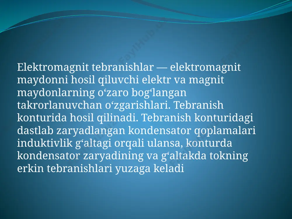 dikulyardir. elektromagnit toʻlqinlar koʻndalang toʻlqinlardir, ularda tebranuvchi elektr maydon va magnit maydon kuchlanganliklarining yoʻnalishlari toʻlqinlar tarqalishi yoʻnalishiga perpendikulyar boʻladi. mexanik toʻlqinlar manbai tashqi kuch taʼsirida holati oʻzgarishga moyil boʻlgan chekli jism va moddalar boʻlib, elektromagnit toʻlqinlar manbai tebranish konturi va harakatlanayotgan zaryadlar hisoblanadi. toʻlqinlarning xossalarini oʻrganishda uning parametrlaridan, yaʼni amplitudasi, uzunligi, chastotasi, uning tarqalish tezligi, fazasi, toʻlqin vektori va boshqa kattaliklardan foydalaniladi. toʻlqinlar chastotasi, fazasi yoki amplitudasining oʻzgarishini toʻlqinlar modulyatsiyasi deyiladi. aniq parametrning oʻzgarishiga qarab moye modulyatsiya — chastota modulyatsiyasi, faza modulyatsiyasi, amplituda modulyatsiyasi roʻy beradi. ixtiyoriy shakldagi har qanday toʻlqinlar garmonik toʻlqinlar yigʻindisi deb qaralishi mumkin. vaqtning har bir momentida fazoning cheklangan kichik qismidagi juda yaqin chastotalarga ega toʻlqinlar tizimi toʻlqinlar guruhi yoki toʻlqinlar paketi deyiladi. umuman toʻlqinlar fronti va toʻlqinlar paketining biror, masalan, maksimal amplitudasi turli tezliklar bilan tarqaladi. toʻlqinlar fronti tezligi biror oʻzgarmas faza tezligidir, shu sababli bu tezlik fazaviy tezlik deyiladi. toʻlqinlar paketiga tegishli aniq amplituda …