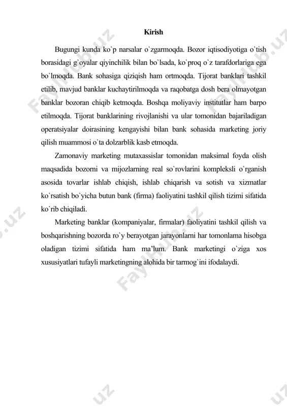 borot talab etmoqda. rivojlangan mamlakatlarda bank faoliyatini zamonaviy modernizatsiya qilishning fan-texnika inqilobining so`nggi yutuqlarini bank ishiga joriy qilish, elektron-kompyuter texnikasini o`zlashtirishsiz imkoni bo`lmasdi. bozor iqtisodiyoti amal qiladigan mamlakatlarda bank tizimini moslashtirish, xo`jalik faoliyatini keng diversifikatsiya qilish va tarkibiy qayta qurishning asosiy yo`nalishlari shunday. bizning mamlakat uchun bu yo`nalishlar katta qiziqish uyg`otadi, chunki o`zgarayotgan mamlakat iqtisodiyot kredit tizimini qayta qurishni taqozo etadi. hozirgi paytda xalq xo`jaligini rivojlantirish va barqarorlashtirishning asosiy yo`nalishi hisblangan bozor munosabatlariga o`tish birlamchi chora sifatida bank tizimini qayta qurish va moliya tizimini sog`lomlashtirishni nazarda tutadi. shu boisdan moliya bozorini shakllantirish va rivojlantirish obyektiv jarayon hisoblanadi. bu jarayonning qanchalik muvaffaqiyatli amalga oshirilishi, o`tish davri iqtisodiyotida yangi bank tizimining roli qanday ekanligi ko`p jihatdan bank sohasida marketingning rivojlanishi, turli banklar o`rtasida, banklar va mijozlar o`rtasida yuzaga keladigan o`zaro munosabatlar bilan, shuningdek, bank xizmatlari bozorining shakllanishi, foiz siyosati va banklarning boshqa faoliyati bilan belgilanadi. 2. bank marketingi elementlari marketing mazmunini aniqlashtirish …