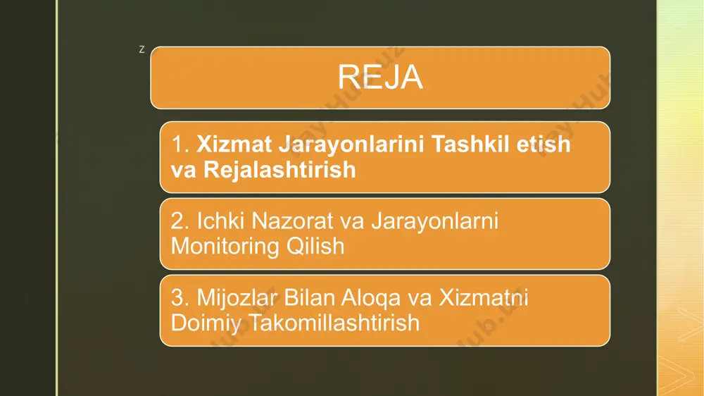 va tahlil qilish: mijozlarning fikr-mulohazalari, shikoyatlari va takliflari muntazam ravishda tahlil qilinadi. bu xizmat sifatini oshirish va mijozlar ehtiyojlariga moslashish imkonini beradi. ​ raqamli texnologiyalardan foydalanish: xizmat jarayonlarini kuzatish va tahlil qilish uchun zamonaviy dasturiy ta'minot va texnologiyalar joriy etiladi. masalan, real vaqt rejimida monitoring qilish imkonini beruvchi iot qurilmalari yoki maxsus ilovalar qo‘llaniladi. xodimlar faoliyatini nazorat qilish xodimlarni o‘qitish va malakasini oshirish: xizmat ko‘rsatish standartlari va ichki nazorat tizimlari bo‘yicha xodimlar muntazam ravishda o‘qitiladi. bu ularning malakasini oshirish va xizmat sifatini yaxshilashga yordam beradi. ​ ish samaradorligini baholash: xodimlarning ish faoliyati belgilangan mezonlar asosida baholanadi. bu mukofotlash tizimini shakllantirish va motivatsiyani oshirishga xizmat qiladi.​ ichki kommunikatsiyani yaxshilash: xodimlar o‘rtasida ochiq va samarali muloqot tizimi yo‘lga qo‘yiladi, bu esa muammolarni tezda aniqlash va hal qilish imkonini beradi. mijozlar tajribasini shaxsiylashtirish mijoz ma'lumotlarini to‘plash va tahlil qilish: mijozlarning oldingi tashriflari, afzalliklari va odatlari haqidagi ma'lumotlarni yig‘ish orqali ularga moslashtirilgan xizmatlar taklif …