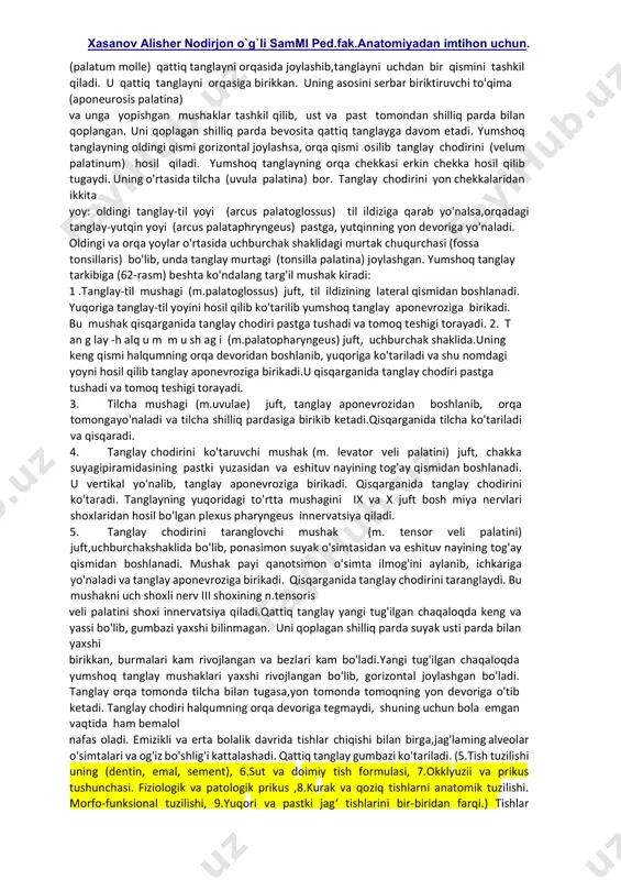 (tuberculum labii superioris) davom etadi. ustki va pastki lablar og'iz tirqishini chegaralab, ikki tomonda o'zaro birikib lablar bitishmasini (commissura labiorum) hosil qiladi. ustki lab lunjdan burun lab egati (sulcus nasolabialis) vositasida ajralib tursa, pastki lab engakdan ko'ndalang yo'nalgan engak lab egati (sulcus mentolabialis) bilan ajrab turadi. erkaklarda ustki lab terisida mo'ylov (mustax), pastki lab terisi, engak va bo'yin sohasida soqol (papus yoki barba) bo'ladi. lablaming shilliq osti asosida ko'p sonli lab bezlari (glandulae labiates)bo'lib, ulaming chiqaruv naylari shilliq parda yuzasiga ochiladi.yangi tug'ilgan chaqaloq labi qalin, shilliq pardasi yupqa, so'rg'ichlar bilan qoplangan. labning ichki yuzasida ko'ndalang bolishlar bor. ustki lab o'rtasida balandligi 4 mm, kengligi 7 mm bo'lgan tepacha bo'lib, labni qolgan qismidan egat bilan ajratib turadi. pastki labda esa shunga mos chuqurcha bo'ladi. emizikli bola lablarida so'ruvchi mushaklar bo'ladi. og'iz tirqishi atrofidagi aylana mushak yaxshi taraqqiy etgan. lunj (buccae) og'iz bo'shlig'ini o'ng va chap tomondan chegaralab turadi. uning ichida lunj …