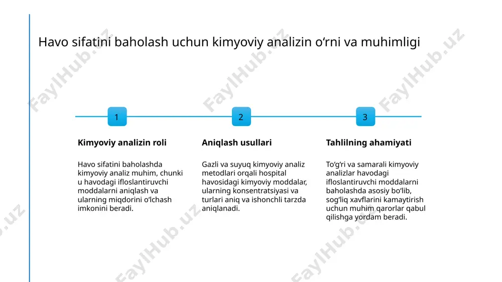 tiruvchi moddalar va ularning tahlili. tibbiy muammolar va muolajalar jurnali, 2019. 3. mustafaev, r. a. antropogen ifloslanish va uning sog‘liq uchun ta'siri. o‘zbekiston milliy universiteti nashriyoti, 2018. 4. qo‘chqorov, m. b. kasalxona havosini baholash va ifloslantirishni kamaytirish bo‘yicha strategiyalar. xorazm davlat universiteti ilmi-texnik jurnali, 2021. 5. iskandarov, d. d. kimyoviy ifloslantiruvchi moddalar va ularning tibbiyot muassasalarida aniqlanishi. tibbiyot va ekologiya muammolari, 2022. e'tiboringiz uchun rahmat! /docprops/thumbnail.jpeg