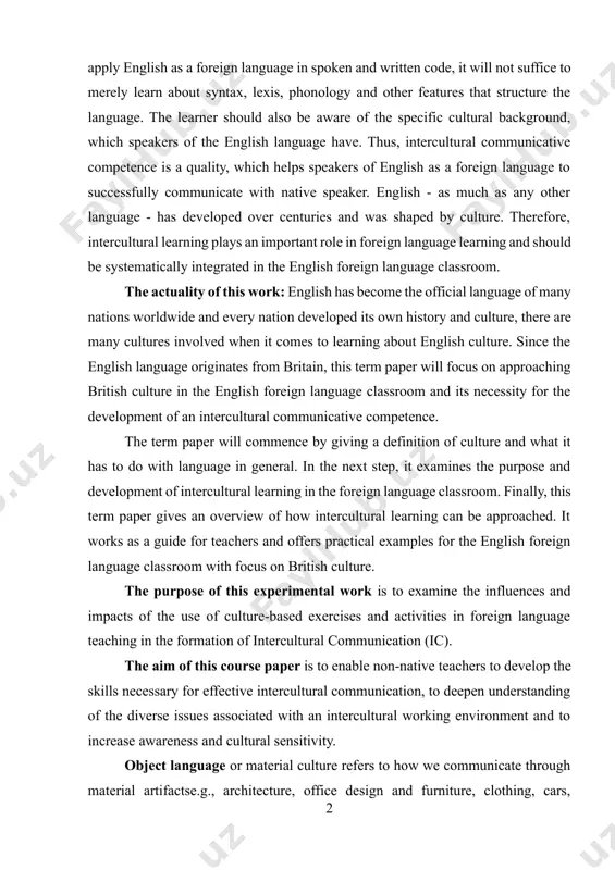 r will focus on approaching british culture in the english foreign language classroom and its necessity for the development of an intercultural communicative competence. the term paper will commence by giving a definition of culture and what it has to do with language in general. in the next step, it examines the purpose and development of intercultural learning in the foreign language classroom. finally, this term paper gives an overview of how intercultural learning can be approached. it works as a guide for teachers and offers practical examples for the english foreign language classroom with focus on british culture. the purpose of this experimental work is to examine the influences and impacts of the use of culture-based exercises and activities in foreign language teaching in the formation of intercultural communication (ic). the aim of this course paper is to enable non-native teachers to develop the skills necessary for effective intercultural …