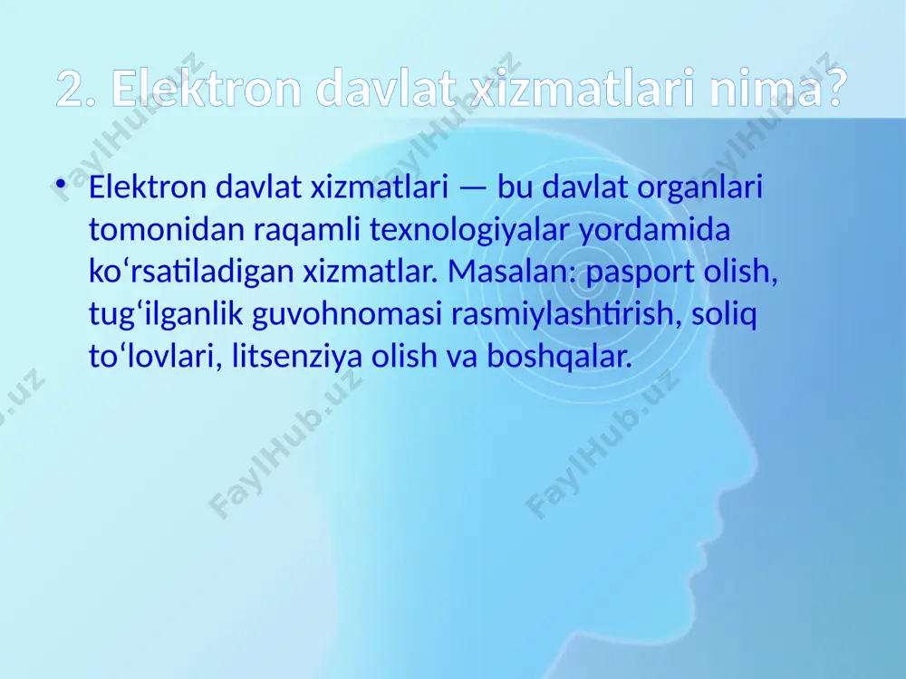 mkoniyati mavjud. 2023-yil davomida 5,3 mln murojaat kelib tushgan. 18. yangi imkoniyatlar sun’iy intellekt yordamida ariza tahlili, shaxsiy profil asosida tavsiyalar, ovozli boshqaruv va barmoq izi orqali kirish funksiyalari joriy etilmoqda. 19. kelajak istiqbollari mobil ilovalar orqali barcha xizmatlarni birlashtirish, to‘liq raqamli hujjatlar aylanishiga o‘tish, blockchain asosida xizmatlar joriy etilishi rejalashtirilgan. 20. xulosa elektron davlat xizmatlari — bu fuqarolar uchun qulay, shaffof va samarali davlat boshqaruviga o‘tish yo‘lidir. kelgusida ularning roli yanada ortib boradi va aholining davlatga bo‘lgan ishonchini oshiradi. image1.png /docprops/thumbnail.jpeg