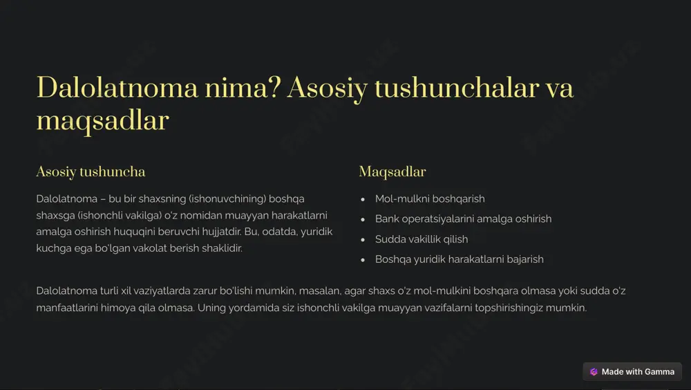 a dalolatnomani rasmiylashtirish tartibi va qoidalari 1 notariusga murojaat qilish da«¾«aøµ¾³aµ� äaì³��«aì�ø�ä�ì� �c��µ µ¾øaä��ì�a ³�ä¾¥aaø ã�«�ì� (aä�ä. n¾øaä��ì �a¨¾«aø bpä��c��µ�µ� ì�a�ì�µ� øaìj�ã«a�j� �a ��¥¥aøµ�µ� ã¾µ�µ��«���µ� øa'³�µ«a�j�. 2 hujjatlarni taqdim etish va¨¾«aø bpä��c�� ¾'(�µ�µ� ì�a�ì�µ� øaìj�ã«¾�c�� ��¥¥aø«aäµ� (áaìá¾äø) �a �ì�¾µc�«� �a¨�«µ�µ� ³a'«�³¾ø«aä�µ� øaãj�³ pø�ì�� ¨päa¨. 3 dalolatnomani imzolash da«¾«aøµ¾³a µ¾øaä��ì ��(�ä�ja �a¨¾«aø bpä��c�� ø¾³¾µ�jaµ �³(¾«aµaj�. n¾øaä��ì ��¥¥aøµ� øaìj�ã«a�j� �a �µ� ja�«aø äp�pìøä��a ¨�ä�øaj�. da«¾«aøµ¾³aµ� äaì³��«aì�ø�ä�ì�ja baäc�a ã¾�ja«aä�a ä�¾�a ã�«�ì� ³���³. h�¥¥aøja �aø¾«�¨«aä b¾'«³aì«��� ¨päa¨, �a¨¾«aø bpä��c�� pìa ¾'( �aäa¨aø«aä�µ�µ� ³¾���aø�µ� ø�ì��µ�ì�� «¾(�³. a¨ì �¾«ja, ja«¾«aøµ¾³a �aã�ã�� p³aì jpb ø¾á�«�ì�� ³�³¨�µ. https://gamma.app/?utm_source=made-with-gamma vasiyatnoma nima? vasiyat qiluvchining huquqlari va majburiyatlari 1 2 3 vaì��aøµ¾³a – b� ³¾«-³�«¨µ� ³pä¾ì�¾'ä«aä�a ¾'ø¨a(�ì�µ�µ� ³���³ �¾ì�øaì�j�ä. vaì��aø ã�«��c�� ¾'( �¾��ì���a ¨¾'äa ³pä¾ì�¾'ä«aäµ� bp«��«aì� �a ³¾«-³�«¨µ� �«aäµ�µ� ¾'äøaì�ja øaãì�³«aì� ��ã�ã��a p�a. vasiyatnoma vaì��aøµ¾³a – b� ì�a�ìµ�µ� ¾'«�³�jaµ ì¾'µ� ¾'( ³¾«-³�«¨�µ� ¨�³�a ã¾«j�ä�ì� �aã�ja�� �¾(³a �aä³¾��ì��j�ä. vasiyat qiluvchining huquqlari o'( ³¾«-³�«¨�µ� ³pä¾ì�¾'ä«aä�a øaãì�³«aì� vaì��aøµ¾³aµ� bp¨¾ä ã�«�ì� �¾¨� ¾'(�aäø�ä�ì� vasiyat qiluvchining …