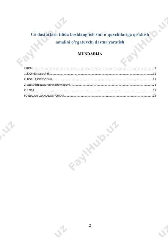 turmush tarziga, maktab va oliy o`quv yurtlariga jadallik bilan olib kirish g‘oyasi ilgari surilgan edi. prezidentimiz tashabbusi bilan o`zbekiston respublikasi vazirlar mahkamasining 2001-yil 23- maydagi 230-sonli «2001—2005 yillarda kompyuter va axborot texnologiyalarini rivojlantirish», shuningdek, «internet»ning xalqaro axborot tizimlariga keng kirib borishini ta`minlash dasturini ishlab chiqishni tashkil etish chora-tadbirlari to`g‘risida»gi qarorlari qabul qilindi. oradan bir yil o`tgach, 2002-yil 30-mayda o`zbekiston respublikasi birinchi prezidentining «kompyuterlashtirishni yanada rivojlantirish va uning ijrosini amalga oshirish yuzasidan vazirlar mahkamasining 2002-yil 6-iyundagi «2002—2010 yillarda kompyuterlashtirish va axborot-`kommunikatsiya texnologiyalarini rivojlantirish dasturi» to`g‘risidagi qarori e`lon qilindi. ta`lim sifatini oshirish bugungi kunning asosiy vazifalaridan biridir. chunki bugungi kunda insoniyat rivojlanishi shunday bosqichga etib bordiki, bu bosqichda inson aql-zakovati, bilimi va uning mutaxassis sifatidagi malakasi hal qiluvchi ro‘l o`ynaydigan bo`lib qoldi. ta`lim sifatini oshirish o`quv dargohlarini zamonaviy o`quv rejalari, dasturlar, o`quv jihozlari bilan ta`minlash, yangi darsliklar va qo`llanmalarni yaratish, ilg`or pedagogik texnologiyalarni joriy etishni taqazo etadi. albatta, jihozlar, darsliklar, texnologiyalar ham …