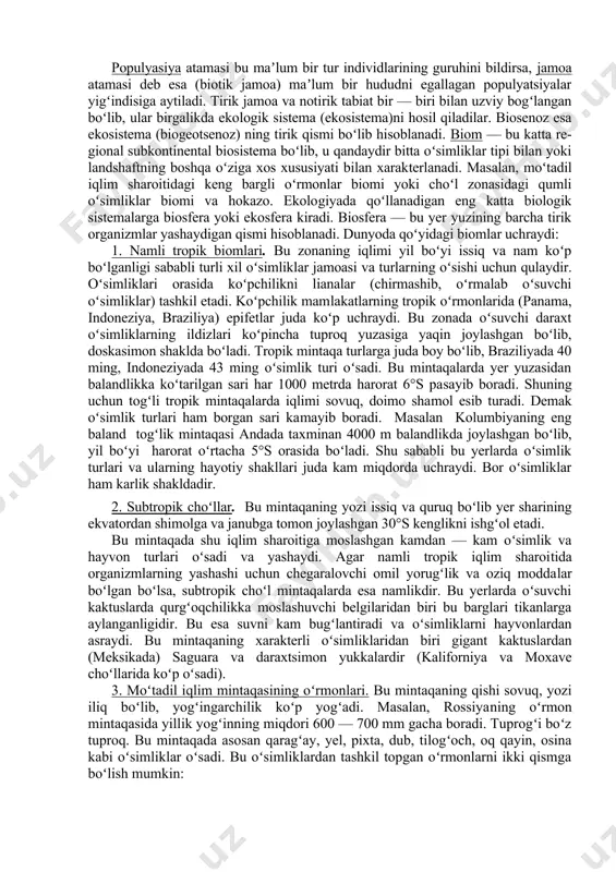tning yarmidan koʻpi yaylov ozuqa zanjiriga qoʻshilishi mumkin. detrit zanjirlari yaylov zanjirlariga qaraganda kamroq oʻrganilgan. biroq energiya oqimi nuqtai nazaridan qaralganda ularning ahamiyati yaylov zanjiriga nisbatan koʻp boʻlsa koʻp, oz emas. agar ekosistema stabil (oʻzgarmaydigan) boʻlsa, unda umumiy biomassaning hajmi koʻpaymaydi. yaʼni yilning boshida qancha boʻlsa, oxirida ham shunchaligicha qoladi. bu holatda birlamchi mahsulotda boʻlgan hamma energiya har xil trofik darajadagi organizmlardan oʻtadi va natijada uning toza mahsuldorligi nolga teng boʻladi. koʻpincha ekosistemalar oʻzgarib turadi. masalan, yosh oʻrmonlarda oʻsimliklar vegetatsiya davrining oxiriga borib toʻplangan energiyaning bir qismi oʻsimliklar biomassasining ortishiga olib keladi. oʻsimliklarda ommaviy vegetatsiya boshlangan davrlar (bahor, yoz)da dastlabki mahsulot koʻp boʻladi, ikkilamchi mahsulotning ortishi esa keyinroq kuzatiladi. ekosistemaga tushuvchi energiya oqimlaridan foydalanib, inson uchun kerak boʻlgan energiya va ovqat manbaini koʻpaytirishda foydalanish mumkin. ilmiy analizlar yordamida oʻsimliklarni oʻstirish agrotexnik qoida​larni takomillashtirib ularni mahsuldorligini oshirish mum​kin. har bir trofik darajada energiya yoʻqolar ekan, demak hamma nar​sani is​teʼmol qiluvchi (odamlarda …