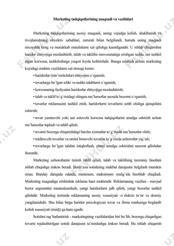 siy xususiyati -o`zluksiz ta’sir va doimiy yangilanishdir. shu bilan birga haridor psixologiyasi tovar va firma markasiga boglanib kolish xususiyati (imidj) ga ham egadir. sotishni rag`batlantirish - marketingning vazifalaridan biri bo`lib, bozorga chiqarilgan tovarni rejalashtirilgan sotish darajasini ta’minlashga imkon beradi. bu ishlab chiqarish harajatlarini koplash va foyda olish demakdir. sotishni rag`batlashtirishning kuyidagi faol shakllari mavjud - ko`rgazma-savdo, yarmarkalar, maxsus savdo agentlari xizmatidan foydalanish va arzon baholar. baho sistemasi yordamida talab va taklif o`rtasidagi nisbatlar tartibga solinadi. bu masala xozirgi kunda bizning korxonalar uchun kiyin muammolardan biridir. marketing tizimida sotish siyosati - bu tovar davriy harakatini tashkil etish jarayonidir. u tovar massasining ishlab chiqaruvchidan to iste’molchigacha bo`lgan harakatining har bir bosqichida kabul kilinadigan qarorlarga ta’sir qilishning aniq tahlilini talab qiladi. bu xolda sotish deganda ishlab chiqarish bilan savdo orasidagi barcha aloqalar tushuniladi. u ulgrji va chakana savdoni, tashish va saklashni o`z ichiga oladi. bizning iqtisodiy sharoitimizda marketingning tovar siyosati kabi vazifasi ham …