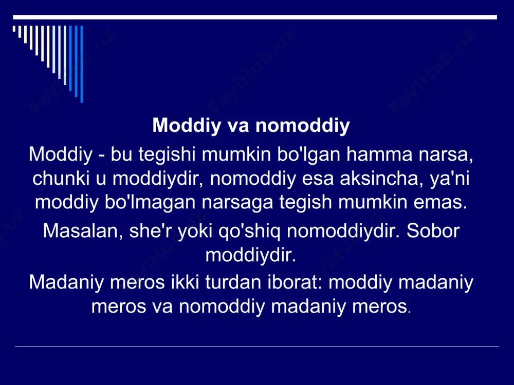 sida o‘zbekiston respublikasining “madaniy meros obyektlarini muhofaza qilish va ulardan foydalanish to‘g‘risida”gi qonuniga o‘zgartishlar kiritish haqida”gi 2009-yil 9-oktabrdagi o‘rq-228-son qonunini amalga tatbiq etish hamda vazirlar mahkamasining “2010 — 2020-yillarda nomoddiy madaniy meros obyektlarini muhofaza qilish, asrash, targ‘ib qilish va ulardan foydalanish davlat dasturini tasdiqlash to‘g‘risida”gi 2010-yil 7-oktabrdagi 222-son qarori ijrosini ta’minlash maqsadida vazirlar mahkamasi qaror qiladi vvazirlar mahkamasining 2011-yil 23-fevraldagi 47-son qaroriga 1-ilova nomoddiy madaniy meros obyektlarining ro‘yxatini yuritish to‘g‘risidagi nizom i. umumiy qoidalar 1. mazkur nizom nomoddiy madaniy meros obyektlarining ro‘yxatini yuritish qoidalarini belgilaydi. 2. nomoddiy madaniy meros obyektlarining ro‘yxati nomoddiy madaniy meros obyektlari to‘g‘risidagi yangilanib turiladigan ma’lumotlar ko‘rsatilgan hisobga olish hujjatidan iborat bo‘ladi. 3. nomoddiy madaniy meros obyektlarining ro‘yxatini yuritishga quyidagilar kiradi: nomoddiy madaniy meros obyektini identifikatsiya qilish; tegishli nomoddiy madaniy meros obyektlarining tarmoqlari, yo‘nalishlari, janrlari va uslublarini tasniflash; nomoddiy madaniy meros obyektlarini doimiy ravishda tiklovchi shaxslarni, guruhlarni ko‘rsatish; ma’lumotlarni tizimga solish, saqlash va yangilab borish; nomoddiy madaniy …