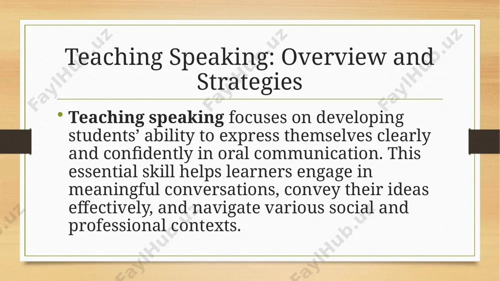 in cultural norms can affect how students approach communication. strategies to overcome challenges create a safe environment:encourage students to take risks and make mistakes without fear of criticism. focus on functional language:teach practical phrases and expressions for everyday communication. integrate listening activities:use authentic audio materials like podcasts or videos to improve comprehension and model correct pronunciation. incorporate games:use interactive activities to make speaking practice enjoyable and engaging. resources for teaching speaking audiovisual tools: movies, podcasts, and conversation-based videos provide exposure to authentic language. language apps: platforms like duolingo, hellotalk, or tandem offer interactive speaking practice. speaking clubs: create or join groups where students can practice conversational english with peers or native speakers. peer feedback: encourage students to provide constructive feedback to each other, fostering a collaborative learning environment. techniques to enhance speaking error correction strategies:focus on meaning and fluency first; correct errors after the activity to avoid interrupting flow.use peer …