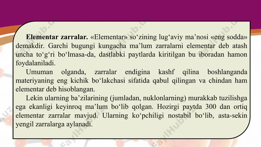 shash davrlari juda kichik bo‘lgan rezonanslar deb ataluvchi zarralar kashf qilindi. ularni bevosita qayd qilishning iloji bo‘lmay, vujudga kelganini parchalanishida hosil bo‘lgan mahsulotlarga qarab aniqlanadi. umuman olganda, dastlabki paytlarda bor-yo‘g‘i bir nechtagina va materiyaning eng jajji g‘ishtchalari deb hisoblangan elementar zarralar keyinchalik, shu qadar xilma-xil va shu qadar murakkab bo‘lib chiqdi. antizarralar. birinchi antizarra – elektronning antizarrasi (qaramaqarshi zarrasi) – pozitron kashf qilingandan so‘ng, boshqa zarralarning ham antizarrasi yo‘qmikan, degan savol tug‘ildi. antiproton 1955-yilda mis nishonni protonlar bilan bombardimon qilish natijasida hosil qilindi. 1956-yilda esa antineytron kashf qilindi. hozirgi paytda har bir zarraning o‘z antizarrasi, ya’ni massasi va spini teng, zaryadi esa qarama-qarshi bo‘lgan zarra mavjudligi aniqlangan. elektron va protonlarning antizarralari zaryadining ishorasi bilan farq qilsa, neytron va antineytron xususiy magnit momentlarining ishorasi bilan farq qiladi. zaryadsiz zarralar foton, π0 -mezonlarning o‘zlari va antizarralarining fizik xossalari bir xil. antizarralar to‘g‘risida ma’lumotga ega bo‘lgandan keyin o‘quvchida zarra va antizarra uchrashib qolsa, …