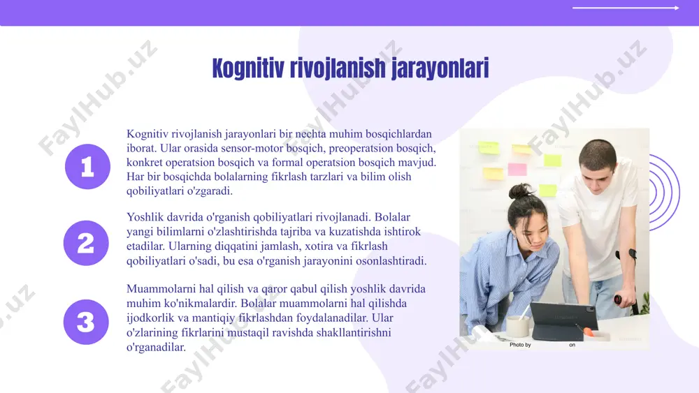 ixologiyasida muhim rol o'ynaydi. ular emotsional qo'llab-quvvatlash, qadriyatlarni belgilash va shaxsiy rivojlanishga yordam beradi. ijtimoiy ta'sir va rivojlanish do'stlar bilan o'zaro munosabatlar yoshlarning emotsional va kognitiv rivojlanishiga katta ta'sir ko'rsatadi. ijtimoiy guruhlar, shuningdek, shaxsiy identifikatsiyani shakllantiradi. photo by kübra arslaner on unsplash ta'lim muhiti va psixologik rivojlanish ta'lim muhitining yoshlar psixologiyasiga ta'siri juda muhimdir. maktab va universitetda o'quv jarayonlari davomida yoshlar o'zlarining psixologik holatlarini shakllantiradilar. ta'lim muhitidagi ijtimoiy omillar, masalan, o'qituvchilar, do'stlar va oila, ular uchun yangi tajribalar va qiyinchiliklar yaratadi. bu omillar yoshlarning emotsional va kognitiv rivojlanishida muhim rol o'ynaydi. maktab va universitet muhitlari yoshlarning psixologik rivojlanishiga katta ta'sir ko'rsatadi. maktabda o'quvchilar o'zaro muloqotda bo'lib, ijtimoiy ko'nikmalarini rivojlantiradilar. universitetda esa, talabalar mustaqil fikrlash va qaror qabul qilish qobiliyatlarini oshiradilar. ijtimoiy omillar, masalan, guruh ishida ishtirok etish va do'stlar bilan muloqot, yoshlarning ruhiy holatini shakllantirishda muhim ahamiyatga ega. ijtimoiy media va yoshlar psixologiyasi ijtimoiy medianing ta'siri ijtimoiy media yoshlarning psixologiyasiga …