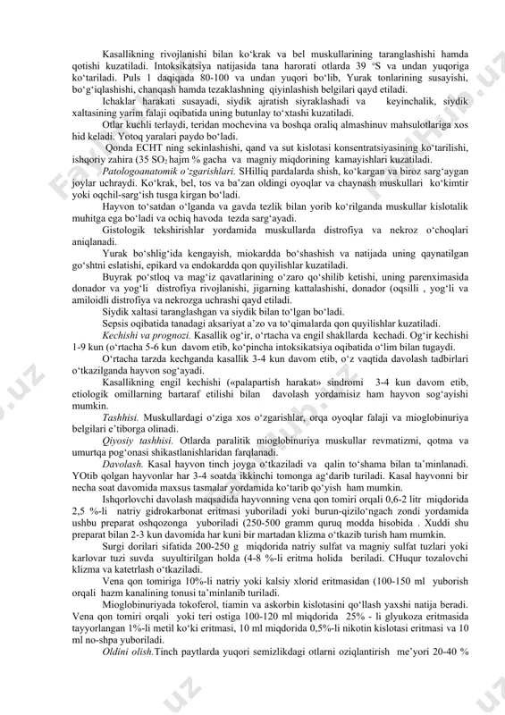 iya belgilari, charvi, teri osti kletchatkasi, epikard va buyrak kapsulasi ostida shilimshiqsimon infiltrat, shuningdek, qorin va ko‘krak bo‘shliqlarida 2-4 litrgacha sarg‘ich rangli transsudat to‘planganligi qayd etiladi. jigarda yog‘li infiltratsiya, distrofiya yoki sirroz, buyrak va taloqda amiloidinli cho‘kmalar hosil bo‘lganligi va glomerulonefrit rivojlanganligi qayd etiladi. tashhisi.kasallik belgilariva anamnez ma’lumotlari (oziqlantirishdagi etishmovchiliklar e’tiborga olinadi. davolash. kasallikning birinchi va ikkinchi bosqichida davolash yaxshi samara beradi. bunda organizmning hayotiy muhim funksiyalarini tiklash, modda almashinuvini mo‘‘tadillashtirish va hayvonning tana vaznini orttirishni ta’minlashga qaratilgan davolash tadbirlari belgilanadi. qoramol, ot, qo‘y va boshqa o‘txo‘r hayvonlarga dukakli oziqalar, shu jumladan, beda pichani, sifatli silos, senaj, don yormalari, kunjara, shrot kabi yuqori to‘yimlilikdagi oziqalar, cho‘chqalarga qaynatilgan kartoshka, don yormalari, o‘t uni, yog‘i olingan sut, go‘shtxo‘r hayvonlarga go‘sht, jigar, baliq, go‘sht qaynatmasi beriladi. hazm kanali faoliyatini yaxshilash maqsadida magniy yoki natriy sulfat (70-80 g og‘iz orqali, gidrolizin-103, aminopeptid, gemolizat kabi oqsil saqlovchi preparatlar esa parenteral yo‘llar bilan yuboriladi. vena qon …