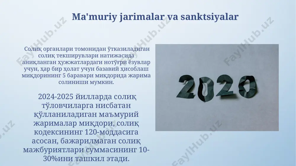 va soliq kodeksining 25-bo‘limiga muvofiq amalga oshirishlari shart. 2024-2025 yillarda neft va gaz kabi strategik ahamiyatga ega tabiiy resurslardan foydalanish uchun to'lovlarning minimal miqdori 50 mln. so'mdan boshlanadi va konkret shartnoma shartlariga bog'liq. e'tiboringiz uchun rahmat @taqdimot_robot image4.png image5.jpg image6.jpg image7.jpg image8.jpg image9.jpg image10.jpg image11.jpg image12.jpg image13.jpg image14.jpg image15.jpg image16.jpg image17.jpg image18.jpg image19.jpg image3.jpeg