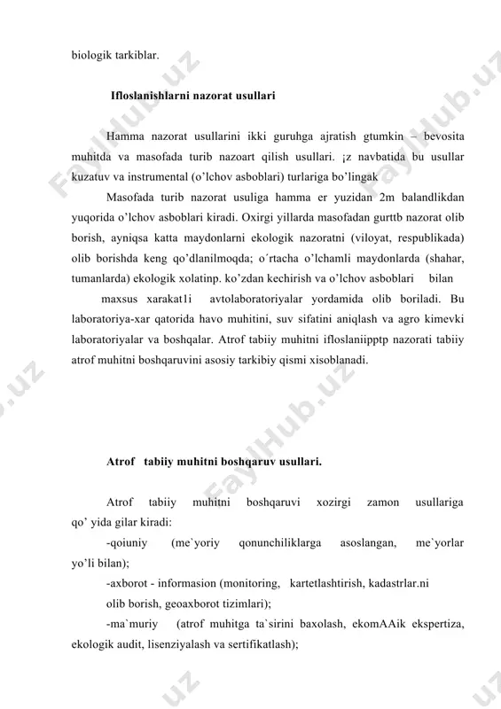 b qator ko’rsatkichlarni to’g'ridan to’hri yoki ma`lum vaqtda o’lchash. kimyoviy ifloslanishni quydagi usullar bilan aniqlash mumkun: - fotometrik-nazoratdagi va o’lchangan eritmalarning optik zigmegini farqini o’lchami; - spektroskopiya usul-nurlanish spektirlarini ul`trabikafila, infira qizil va ko’rinuvchi nurlarspektirlari yordamida nazorat qilishga asoslangan turg'un va ko’chma asboblar ishlatiladi; - fluoressent usul- turhun yoki majburiy lyumininsent nurlanishlar spektormol inteksiflikni yoki o’lchash davrida o’lchashga asoslashgan nurlantirish manbai sifatida u`tira binafsha nurlari hisoblanadi. turg'un asboblar ishlatiladi. 4.1.kimyoviy ifloslanishni quydagi usullar bilan aniqlash mumkun: fatametrik, spektroskopik, fluoresent, interferametrik, elektrokiviy,medarli, xromotografiya, atomli-absorbsiya,mass-spektrometrik. 4.2.radiasion ifloslanishlarni quydagi usullarda aniqlanadi: ionizasiya, kimyoviy, fotagrafik, isintillyayiya. 4.3. issiqlik (haroratli) ifloslanish quydagi usullarda aniqlanishi mumkun: infraqizil termametirlar, parametrik termametirlar, simobli va spirtli termometirlar, biletalik termometirlar (met. bug'lar. kengay). 4.4. shovqinli ifloslanishlarni aniqlash uchun spektirlar va integral o’lcham usullari ishlatiladi (16-20000 gi li tovish bosimini o’z turg'un er ustirishini o’lchash) 4.5. titrameli (tebranish) ifloslanishlarni quydagi usullarda aniqlanadi: p`ezoelektrik (elektirsignalo’lch), tebranish akustik (elektirmagnit signalt o’lch). 4.6. yorug'lik …