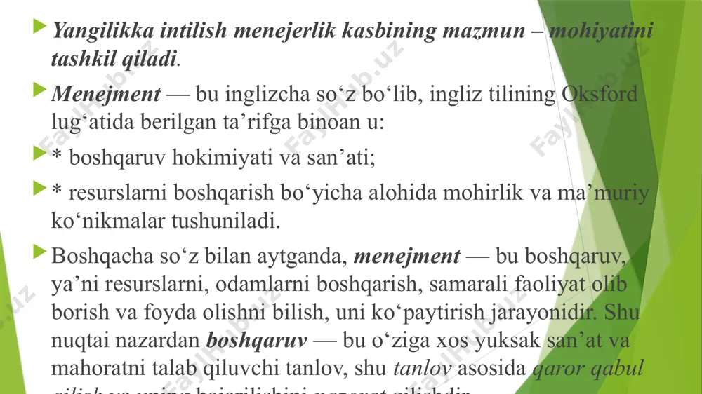 suli 9. eksperiment (tajriba) usuli * boshqarish jarayonida boshqariluvchi obyektga nisbatan namunaviy tajribadan o‘tgan usullarni qo‘llash 10. ijtimoiy (sotsiologik) kuzatuv usuli * boshqarish maqsadida turli anketali so‘rovlar, suhbatlar, testlar, infratuzilmaviy tahlillarni o‘tkazish menejmentning o‘rganish obyekti boshqaruv faoliyatiga doir iqtisodiy hodisa va jarayonlar, firma ishini samarali tashkil etish xususiyatlari, boshqaruvning amaldagi zamonaviy shakl va usullari, uning kelajak istiqbollari tashkil etadi. bunda menejment nazariyasining rivojlanish tendensiyasi, uni tashkil etish tamoyillari va usullari, motivatsiya va boshqaruv samaradorligi masalalari obyekt sifatida o‘rganiladi. menejment obyekti va subyekti menejment № obyekti (boshqariluvchi hodisa, voqelik) subyekti( boshqaruv organi, rahbarlik) 1 2 3 1. makrodarajada 1. mamlakat (respublika) * qonun chiqaruvchi hokimiyat (oliy majlis) * ijro etuvchi hokimiyat(o‘zr vazirlar mahkamasi) * sud hokimiyati 2. 3. viloyat tuman ( shahar) * qqr jo‘qorgi kengashi va viloyat deputatlari * qqr vazirlar kengashi, viloyatlar hokimiyatlari * qqr oliy sudi, viloyatlar sudlari * tuman (shahar) xalq deputatlari * tuman (shahar ) lar …