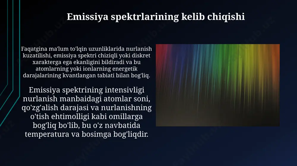 bo'lishi mumkin, shuningdek, malakali mutaxassislarni talab qiladi, bu esa ushbu usulning qo'llanilishini cheklaydigan omillar hisoblanadi. aes usulining kamchiliklari orasida namunalarni tayyorlashning murakkabligi, spektral chiziqlarning o'zaro ta'siri va matriks ta'siri kabi omillar mavjud bo'lib, tahlil natijalarining aniqligiga ta'sir qilishi mumkin. turli xil namunalarni tahlil qilish usullari gazsimon namunalarni tahlil qilishda induktiv ravishda bogʻlangan plazma-atom-emissiya spektroskopiyasi (icp-aes) 70 dan ortiq elementni aniqlash imkonini beradi, aniqlik darajasi 1 ppm ga yetishi mumkin. suyuq namunalarni tahlil qilish uchun atom-absorbtsion spektroskopiya (aas) usuli qo'llaniladi, bu usul 10-1000 µg/l konsentratsiyadagi elementlarni aniqlashga imkon beradi va nisbatan arzon hisoblanadi. aesning qo'llanilishi aes usuli metallurgiya sanoatida po'lat va qotishmalardagi 60 dan ortiq elementning miqdorini aniqlash uchun keng qo'llaniladi, bu esa sifat nazoratini ta'minlaydi. aes texnikasi atrof-muhit monitoringida havo, suv va tuproqdagi og'ir metallarning, masalan, qo'rg'oshin (pb) va simob (hg)ning konsentratsiyasini aniqlash uchun ishlatiladi. e'tiboringiz uchun rahmat @taqdimot_robot image1.jpg image2.jpg image3.jpg image4.jpg image5.jpg image6.jpg image7.jpg image8.jpg image9.jpg image10.jpg image11.jpg …