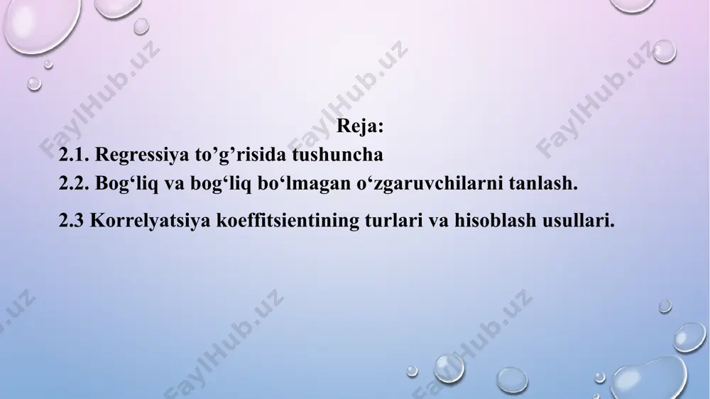 di .x1 .x2 .x3 korrelyatsion bog’lanish turlari bog’lanishlar yo’nalishi bo’yicha analitik ifodalanishiga ko’ra omillarning soniga ko’ra to’g’ri bog’lanish teskari bog’lanish chiziqli bog’lanish chiziqli bo’lmagan bog’lanish bir omilli bog’lanish ko’p omilli bog’lanish hodisalar orasidagi o‘zaro bog‘lanishlarni o‘rganish ekonometrika fanining muhim vazifasidir. bu jarayonda ikki xil belgilar yoki ko‘rsatkichlar ishtirok etadi, biri erkli o‘zgaruvchilar, ikkinchisi erksiz o‘zgaruvchilar hisoblanadi. birinchi toifadagi belgilar boshqalariga ta’sir etadi, ularning o‘zgarishiga sababchi bo‘ladi. shuning uchun ular omil belgilar deb yuritiladi, ikkinchi toifadagilar esa natijaviy belgilar deyiladi. 2.2. bog‘liq va bog‘liq bo‘lmagan o‘zgaruvchilarni tanlash omillarning har bir qiymatiga turli sharoitlarida natijaviy belgining har xil qiymatlari mos keladigan bog‘lanish korrelyatsion bog‘lanish yoki munosabat deyiladi(2.1-rasm). korrelyatsion bog‘lanishning xarakterli xususiyati shundan iboratki, bunda omillarning to‘liq soni noma’lumdir. shuning uchun bunday bog‘lanishlar to‘liqsiz hisoblanadi va ularni formulalar orqali taqriban ifodalash mumkin, xolos. omil va natijaviy belgi orasidagi bog’liqlik analitik ifodalanishiga ko’ra quyidagi ko’rinishda bo’lishi mumkin: bu erda : y va x - …
