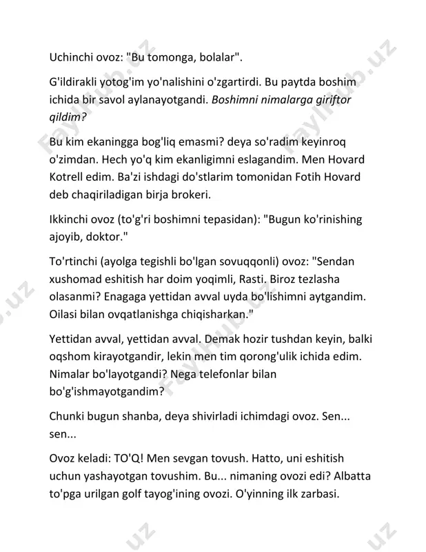 fas yo'limni to'sib qo'ysachi? bu holatda nafas ololmasdim! kimdirga "tilini yutti" deyishganida nazarda tutilgani ham shu emasmidi? ikkinchi ovoz (rasti): "qara, bu senga yoqishi mumkin, doktor, bu odam maykl boltonga o'xsharkan". ayol doktor: "u kim bo'ldi?" uchinchi ovoz (ko'pi bilan yigirma yoshda bo'lgan yigitning ovozi): "zanji bo'lishga intilgan oq tanli qo'shiqchi. bu odamni u deb o'ylamayman." shundan keyin kulishishlar bo'ldi, doktor xonim ham (biroz shubha bilan) qo'shilgandi va yostiqli stolga o'xshash yerga qo'yilganimda rasti boshqa bir hazil qildi; ko'rinishidan stand-up shousiga yetadigan darajada materiali bor edi. lekin men aytganlari orasidagi kulgili nuqtani topa olmadim, chunki muzdek daxshat meni qotirib qo'ygandi. tilim nafas yo'limni berkitsa nafas ololmasdim, bu fikr hayolimdan chiqib ketgandi, lekin qo'rqinchli o'y uning yerini egalladi. shundog'am nafas olmayotgan bo'lsamchi? o'lgan bo'lsamchi? o'lim shunday narsa bo'lsachi? bu vaziyatga mos edi. hammasi qo'rqinchli pazldek joyiga mos tushayotgandi. qorong'ulik. plastik hidi. o'sha kunlarda fotih hovard edim, derri shahar ijtimoiy klubidagi boshqa …