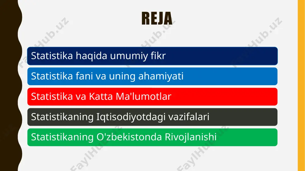 di. bu ko‘rsatkichlar hukumatning iqtisodiy siyosatini belgilash, investitsiya va rivojlanish strategiyalarini ishlab chiqishda asosiy manba bo‘ladi. statistikaning o'zbekistonda rivojlanishi o‘zbekistonda statistikaning rivojlanishi mustaqillikdan so‘ng keng ko‘lamli islohotlar bilan bog‘liqdir. mamlakatning yangi iqtisodiy va ijtimoiy tizimga o‘tish davrida statistik ma'lumotlarning to‘g‘riligi va ishonchliligi yanada ahamiyat kasb etgan. statistika sohasida o‘tkazilgan islohotlar, shu jumladan, yangi statistika metodlarini joriy etish, davlat va xususiy sektorda statistik tahlilni samarali qo‘llash imkonini yaratdi. o‘zbekiston respublikasi davlat statistika qo‘mitasi mamlakatda statistikani boshqarish, yangilash va ma'lumotlarni yig‘ish tizimini yaxshilashda katta rol o‘ynaydi. u mamlakatdagi barcha statistik ma'lumotlarni yig‘ish, tahlil qilish va taqdim etish ishlari bilan shug‘ullanadi. shuningdek, xalqaro statistik tashkilotlar bilan hamkorlik orqali xalqaro me'yorlarga mos ravishda statistik metodlarni ishlab chiqish va joriy etishda faol ishtirok etadi. o’zbekistondagi bir nechta statistik ma’lumotlar oʻzbekiston respublikasi davlat budjeti va davlat xaridlari toʻgʻrisidagi noyabr oyi ma'lumotlari taqdim etilmoqda. e’tiboringiz uchun rahmat image1.png image2.png image3.png image4.png image5.jpeg image6.png image7.png image8.png image9.png image10.png …
