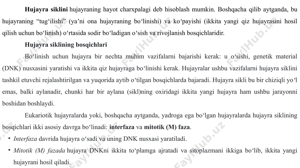 arni ham ikki hissa koʻpaytiradi. sentrosomalar m fazada dnkni ikkiga ajratishga yordam beradi. g2 faza. bu fazada hujayra yanada koʻproq oʻsadi, oqsillar va organellalarni hosil qiladi va mitozga tayyorgarlik koʻrish uchun hujayra tarkibini qayta tartibga soladi. g2 fazasi mitoz boshlanishi bilan yakuniga yetadi. g1, s va g2 bosqichlari birgalikda interfaza deb nomlanadi. inter- prefiksi interfazaning ikkita mitotik (m) fazalar oʻrtasida sodir boʻlishini aks ettirib, oʻrtasida degan maʼnoni anglatadi. mitoz bu (ona) hujayra boʻlinishining bir turi boʻlib, genetik jihatdan oʻxshash ikkita yangi (qiz) hujayra hosil boʻlishi bilan yakunlanadi. mitoz hujayra sikli tarkibiga kirib, uning bir qismi hisoblanadi, bunda hujayra yadrosining dnksi ikkita teng xromosoma toʻplamiga boʻlinadi. inson tanasida sodir boʻladigan hujayra boʻlinishlarining katta qismi mitoz orqali amalga oshadi. oʻsish va rivojlanish davomida mitoz jarayoni organizmni hujayralar bilan toʻldiradi va organizm hayoti davomida eskirgan hujayralarni yangi hujayralar bilan almashtiradi. achitqi kabi bir hujayrali eukariotlar uchun mitotik boʻlinishlar aslida koʻpayish shakli hisoblanadi va …