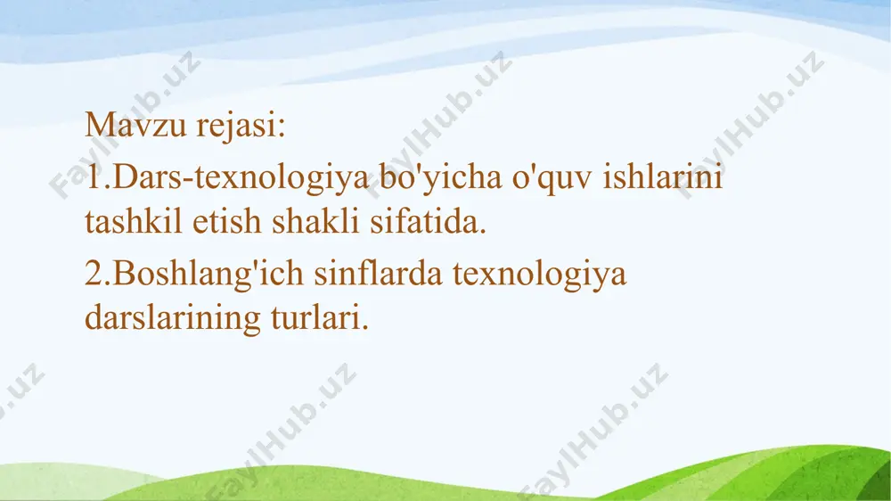 qo‘yish. o‘qituvchi har bir o‘quvchining ishini qisqa tavsiflab, jurnalga baho qo‘yadi (o‘quvchilarga yorliq etiketkasi qilib tayyorlangan buyumni yopishtiradilar, yorliqqa ishning tugallangan vaqti, necha soat vaqt sarflaganligi, bajaruvchining familiyasi va ismi, sinfi aniq ko‘rsatiladi.) 5. ish joyini yig’ishtirish va uy vazifasini tushuntirish - darsning bu bosqichi darsda baja - rilgan topshiriqning yakuni bilan bog‘liq, o‘qituvchi har bir o‘quvchining faoliyatiga baho qo‘yib, ishdagi kamchiliklarini ko‘rsatadi va uyga berilgan topshiriqni tushuntirish davomida xatolarni tuzatish uchun qo‘shimcha ko‘rsatmalar beradi texnologiya ta’limi fani boshqa o‘quv fanlaridan o‘zining bir qator xususiyatlari bilan farq qiladi: ushbu fanni o‘qitishda amaliy mazmun ustuvorligi; mujassam fan ekanligi (fanlar bilan aloqadorligi); texnologiya darsi 1–4 sinflarda texnologiya ta’limi darsi haftasiga 1 soatdan o‘qitiladi. 1 sinfda 33 soat 2–4 sinflarda 34 soatdan jami 1–4 sinflarda 135 soat o‘qitiladi. bugun har bir o‘qituvchi o‘ziga ishonib topshirilgan har bir soat darsni muqaddas deb bilishi va unga zarracha xiyonat qilib bo‘lmasligini his etishi lozim. ana shu …
