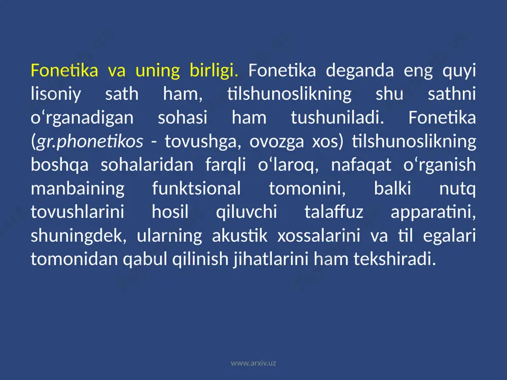 nglay o‘rtasidagi oraliq o‘rtaga bo‘ladi, ya’ni tor ham emas, keng ham emas. shunga ko‘ra, og‘izning ochilishi ham o‘rtacha keng darajada bo‘ladi. www.arxiv.uz 3. lablarning ishtirokiga ko‘ra unlilar ikkiga bo‘linadi: 1) lablangan unlilar: o‘, u, o ; 2) lablanmagan unlilar: a, i, e. lablangan unlilarni talaffuz qilishda lablar faol ishtirok etadi, ya’ni ular oldinga intilib, doira shaklida bo‘ladi. lablanmagan unlilar talaffuzida esa, lablarning ishtiroki lablangan unlilar artikulyatsiyasiga nisbatan nofaolroq bo‘ladi. www.arxiv.uz unli tovushlarning tasnifi tilning vertikal harakatiga ko‘ra tilning gorizontal harakati va lablarning ishtirokiga ko‘ra old qator, lablanmagan orqa qator, lablangan yuqori( tor) unlilar i u o‘rta (o‘rta keng) unlilar e o‘ quyi (keng) unlilar a o www.arxiv.uz undosh tovushlar tasnifi. hozirgi o‘zbek adabiy tilida 24 ta undosh tovush bor: b, v, g, d, j (joy so‘zidagi kabi) j (j: jurnal so‘zidagi kabi) z, y, k, l, m, n, ng (tong so‘zidagi kabi) p, r, s, t, f, x, ch, sh, …
