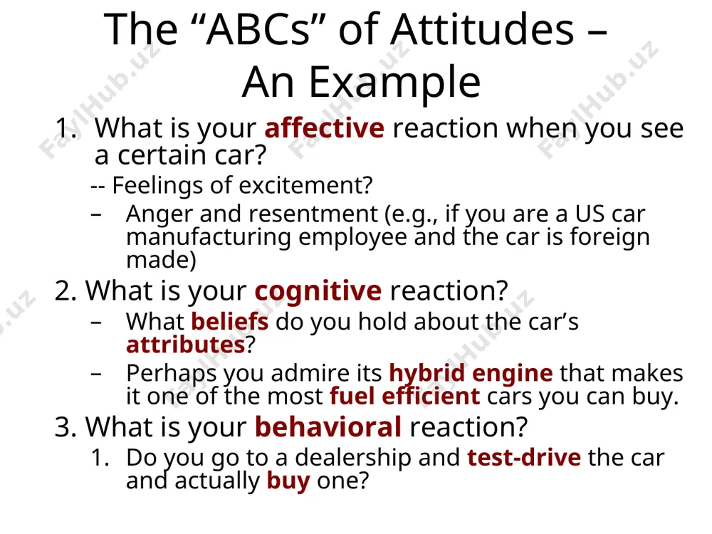 ication (e.g., a speech or television ad) advocating a particular side of an issue persuasive communication how should you construct a message so that it would really change people’s attitudes? * who communicator variables examples: credibility attractiveness status message variables examples: single personal example (e.g., emotional) versus factual one-sided versus two-sided arguments fear appeals audience variables examples: knowledge/ interests personality (e.g., self-esteem) pre-existing attitudes motivation basic factors that influence persuasion what to whom * fear appeals do they work? create a moderate amount of fear in the message (within ethical limits) give audience additional information on how to deal with their fear (e.g., instructions as to where to go, when, why) self-esteem personal relevance perception of control influence of other factors * examples of fear mesages drunk driving drug use seat belt use skin cancer condom use odds of negative outcome (low) time frame may be long between behavior and …