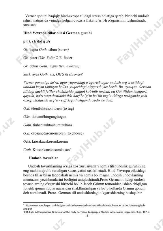 oerterbueche/neuenglisch.] runlar asrlar davomida va ko'plab mamlakatlarda vaqt va makon o'tishi bilan asta-sekin o'zgarib kelgan. angliyada ssenariy xi asrda rim tomonidan almashtirilib, yo'q bo'lib ketdi. tez orada germaniyada. skandinaviya va uning mustamlakalarida, ammo runes o'rta asrlargacha davom etgan. shunga qaramay, keyingi runik yozuvlar juda kam qiziqish uyg'otadi, chunki ular yozgan tilning holati to'g'risida ko'plab boshqa dalillar mavjud, ammo dastlabki yozuvlar tilshunos uchun juda katta ahamiyatga ega, chunki ular yozadigan materiallar kam bo'lgan. yoki dalil yo'q. nemis tillarining bosh xususiyatlari varvar qabilalar - gotlar, vandallar, lombardlar, franklar, frizlar, teutonlar, angllar, saksonlar, jyutlar va skandinaviyalar - rim imperiyasining chekkasida yashagan. bularning barchasi tuzilish va talaffuzning o'ziga xos xususiyatlariga ega bo'lgan nemis tillarida gaplashardi, bu ularning avlodlarida aks etdi hind yevropa tillar oilasi german guruhi 1 ko’rinish jarangsiz undoshlar p t k jarangsiz frekativlar f þ h lat. pater o.e. fæder (father) lat. tres goth. þreis (three) greek kardia ohg herza (heart) 2-ko’rinish …