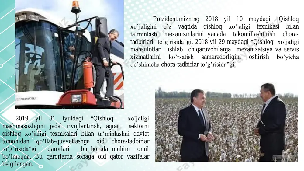 ri 4, shpindel 5, shpindelli baraban 6, ajratkich 7, asosiy ventilyator 8, asosiy bunker 9, yerga tо‘kilgan paxtani terish moslamasining haydash quvuri 10, asosiy bunkerga chiqaruvchi quvur 11, tozalagich 12, ketingi g‘ildirak suyri tо‘sqichi 13, pnevmatik yerga tо‘kilgan paxtani terish moslamasi 14, terish apparati 15, qabul kamerasi 16, tup kо‘targich 17 lardan iborat. bundan tashqari mashina suv sistemasi, gidrosistema, elektr jihozlari, harakat uzatish moslamalari bilan jihozlangan. suv sistemasi mashinaning shpindellarini yuvish, suv bakini suv bilan tо‘ldirish uchun xizmat qiladi. mashinaning gidrosistemasi bunkerni kо‘tarish, terish apparatlarini kо‘tarish va rul boshqarmasining gidrokuchaytirgichi qismlaridan iborat. mashina elektr jihozlari traktor ichki yonuv dvigatelini yurgizib yuborish, uning ishini nazorat qilish, tungi ish paytida ish joyini, mashina qism va mexanizmlarini yoritish uchun mо‘ljallangan. terilgan va yerga tо‘kilgan paxtalarni sо‘rib, mashinaning bunkeriga uzatish pnevmosistema orqali amalga oshiriladi. mashinaning ishchi qismlariga traktorning quvvat olish validan (qov) tarqatish reduktori orqali harakat uzatiladi. 1. pаxtа hosilini yig‘im-terimidа bаjаrаdigаn ishi bо‘yichа …