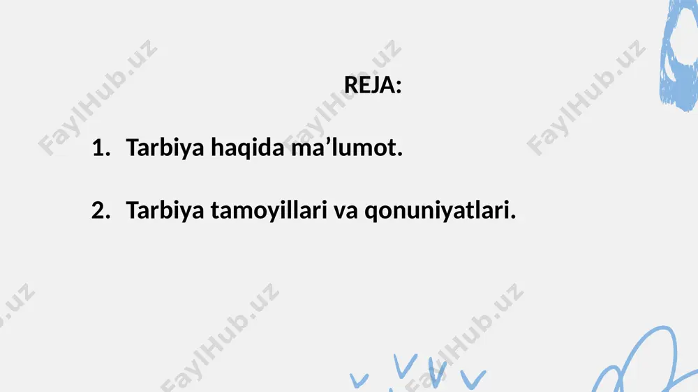 oyillarga amal qilinishi tarbiya samarasini ta’minlaydi. tarbiya tamoyillari quyidagilardan iborat: tarbiyaning maqsadga yoʻnaltirilganligi va gʻoyaviyligi; tarbiyada demokratik va insonparvarlik gʻoyalarining ustunligi; - tarbiyada milliy, umumbashariy qadriyatlarning ustunligi; tarbiyada izchillik va tizimlilik; tarbiyaning ijtimoiy hayot bilan qoʻshib olib borish; - tarbiyani mehnat bilan bogʻlash; - tarbiyalanuvchi shaxsni xurmat qilish; tarbiyada oʻquvchining yosh va alohida xususiyatlarini hisobga olish; jamoa va jamoa yordamida tarbiyalash; - tarbiyada oʻquvchi xulqidagi ijobiy sifatlarga tayanib, salbiy tomonlarni yoʻqotish. tarbiyaning maqsadga yoʻnaltirilganligi va gʻoyaviyligi – oʻqituvchi ijtimoiy tarbiya maqsadi va vazifasini aniq tasavvur etishi va puxta anglab olishi zarur. yosh avlodni yuksak gʻoyaviylik ruhida tarbiyalash – ularning ongiga xalq, millat, yurt, jamiyat manfaatlaridan yuqoriroq manfaat boʻlishi mumkin emasligini singdirish, ularni vatanga, xalqqa muhabbat ruhida va sadoqatli qilib tarbiyalash demakdir. bu sohada mustaqil respublikamiz xalq ta’limi hodimlarining asosiy vazifasi erkin, ijodkor, mustaqil fikrlash qobiliyatiga ega, yetuk mutaxassis komil shaxsni tarbiyalashdan iboratdir. tarbiyada demokratik va insonparvarlik gʻoyalarining ustunligi – tarbiyada …