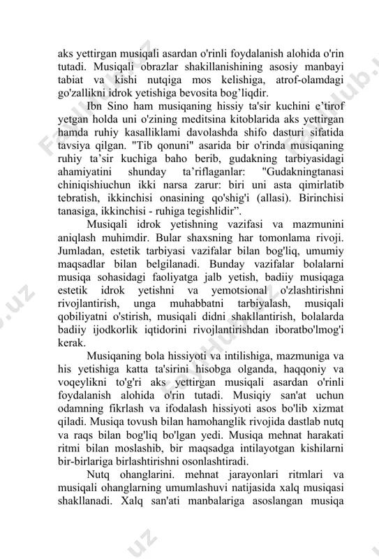 lgilanadi. bunday vazifalar bolalarni musiqa sohasidagi faoliyatga jalb yetish, badiiy musiqaga estetik idrok yetishni va yemotsional o'zlashtirishni rivojlantirish, unga muhabbatni tarbiyalash, musiqali qobiliyatni o'stirish, musiqali didni shakllantirish, bolalarda badiiy ijodkorlik iqtidorini rivojlantirishdan iboratbo'lmog'i kerak. musiqaning bola hissiyoti va intilishiga, mazmuniga va his yetishiga katta ta'sirini hisobga olganda, haqqoniy va voqeylikni to'g'ri aks yettirgan musiqali asardan o'rinli foydalanish alohida o'rin tutadi. musiqiy san'at uchun odamning fikrlash va ifodalash hissiyoti asos bo'lib xizmat qiladi. musiqa tovush bilan hamohanglik rivojida dastlab nutq va raqs bilan bog'liq bo'lgan yedi. musiqa mehnat harakati ritmi bilan moslashib, bir maqsadga intilayotgan kishilarni bir-birlariga birlashtirishni osonlashtiradi. nutq ohanglarini. mehnat jarayonlari ritmlari va musiqali ohanglarning umumlashuvi natijasida xalq musiqasi shakllanadi. xalq san'ati manbalariga asoslangan musiqa hamisha jozibador bo'lib, qalbda turli his-hayajonlar uyg'otadi. shu bilan birga, musiqada tovushlarga va tasviriy holatlarga taqlid qilish hollari bor, ammo masalaning mohiyati bular bilan belgilanmaydi. musiqali obraz o'zining aniq ko'rinishi bilan bog'liqdir. mustaqil o'zbekistonning …