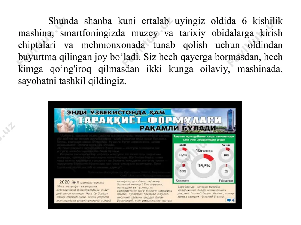iz. bunga qo‘shimcha qilib aytganda, biz bu platformani belgiya, italiya va rossiya davlatlardagi chet el xamkorlarimiz bilan birgalikda halqaro platformalar bilan bog‘lab, shu kabi xalqaro kompaniyalarning eksportga mo‘ljallangan mahsulotlar tenderlarini ham joylashtirishni mo‘ljallamoqdamiz deydi nig‘matjon anvarov. shu kabi imkoniyatlarni alohida ichki bozor qatnashuvchilariga ham ochib beramiz. ya‘ni mahalliy do‘konlar va supermarketlar uchun fermerlardan to‘g‘ridan-to‘g‘ri mahsulotlarni kundalik tarzda sotib olishga imkoniyat yaratiladi. siz tarafdan boshqa bir raqamli texnologiyalar ustidan ish olib borilyaptimi? ha, albatta, biz qishloq xo‘jaligining barcha yo‘nalishlarida raqamlashtirish ishlarini olib boryapmiz. mana masalan iyul oyida biz fermerdan fermerga, hamda davlat mtplardan qishloq xo‘jaligi texnikasini bevosita, ishonchli to‘lov tizimi orqali ijaraga berish dasturini joriy qilmoqdamiz deydi nig‘matjon anvarov. ushbu dastur mobil ilovadan tashkil topib, qishloq xo‘jaligi texnikasini izlash va kerakli mavsumiy ishlar uchun ijaraga olish jarayonini ancha yengillashtiradi. misol uchun qashqadaryoning chiroqchi tumanidagi fermer o‘z dala ishlariga texnika izlayotganida uni mobil ilova orqali samarqanddagi urgut tumanidan kerakli xizmat turlariga moslashgan …