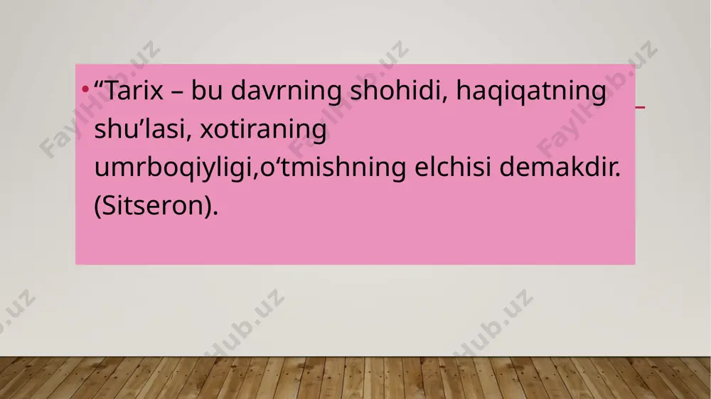 zariy jihatdan tadqiq etish va mushohada qilish kishilarda yuksak ma'naviy fazilatlarni kamol toptirish, milliy g'oyani shakllantirish, yoshlarni tarixiy an'analarga, umuminsoniy qadriyatlarga hurmat, vatanga muhabbat, istiqlol g'oyalariga sadoqat ruhida tarbiyalashga ko'maklashadi. e’tiboringiz uchun rahmat! image1.jpg /docprops/thumbnail.jpeg
