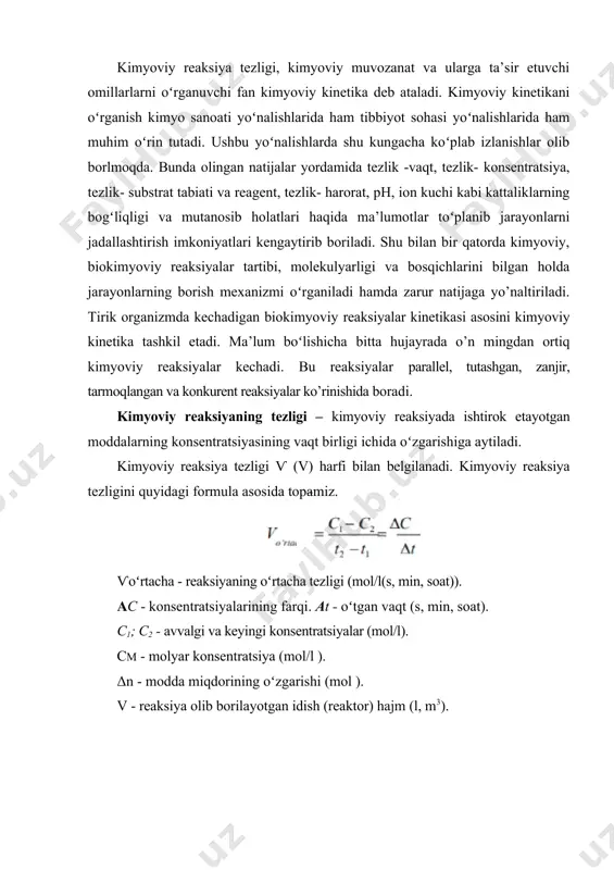 i omillar kimyoviy reaksiyaning tezligiga bir qancha omillar ta’sir etadi. moddalarning tabiati: ta’sirlashuvchi moddalarning tabiati bir-biridan qanchalik farq qilsa, reaksiya shunchalik tez sodir boʻladi. masalan: kislota asos bilan kuchli kislota kuchsiz kislotaga nisbatan tezroq reaksiyaga kirishadi. konsentratsiya: gazlarda va suyuq eritmalarda erigan yoki tarqalgan moddalar butun hajm boʻylab reaksiyaga kirishida konsentratsiya qanchalik yuqori boʻlsa, reaksiyaning tezligi ham shunchalik katta boʻladi. chunki, zarrachalarning toʻqnashish ehtimoli shunchalik yuqori boʻladi. qattiq moddalarda reaksiyada toʻqnahsuvchi yuzaga bogʻliq: yuza qanchalik katta boʻlsa, koʻproq zarrachalar bir-biri bilan toʻqnashadi va reaksiya shunchalik tez sodir boʻladi. bir necha fazadan iborat sistema geterogen sistema deb ataladi. ularda sodir boʻladigan reaksiyalar geterogen reaksiyalar deyiladi. geterogen reaksiyaning tezligi deganda, vaqt birligi ichida fazalar chegarasidagi sirt birligida reaksiyaga kirishuvchi yoki reaksiya natijasida hosil boʻluvchi moddalar miqdori oʻzgarishini tushunamiz: bu yerda: s - fazalar chegara sirtining kattaligi, δn - sistemada modda mol sonlarining oʻzgarishi, vget - geterogen reaksiya tezligi. tenglamadan koʻrinadiki, sistemada reaksiya …