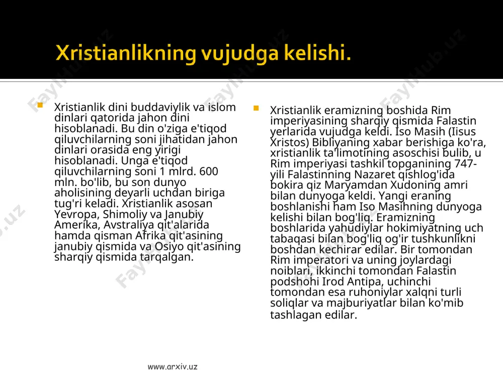 udiy tili - ivritdagi "moshiax" so'zidan olingan bo'lib, "silangan" yoki "siylangan" ma'nolarini beradi. grekchada bu so'z "xristos" ("christos") shakliga ega. bu dinning "xristianlik" yoki "masihiylik" deb atalishi ham shu so'zlar bilan bog'liq. bundan tashqari xristianlik iso masihning tug'ilgan qishlog'i - "nazaret" bilan bog'lab, nazroniyya deb ham atalgan. keyinchalik bu nom nasroniyya, nasroniylik shaklini olgan. iso masih o'z ta'limotini o'zining 12 o'quvchisi apostollar - havoriylarga o'rgatdi. ular esa isoning vafotidan keyin ustozlarining ta'limotlarini har birlari alohida-alohida tarzda kitob shakliga keltirdilar. bu kitoblar bibliyaning "yangi ahd" qismini tashkil etadi. www.arxiv.uz www.arxiv.uz manbalar xabar berishicha, xristianlik yahudiy muhitida yuzaga kelgan. bu esa xristianlikning yahudiylikdan ko'p jihatdan ta'sirlanishiga sabab bo'ldi. xristianlikning asosiy g'oyasi - isoning odamzodning xaloskori "messiya" ekanligi yahudiylikda mavjud bo'lib, oxiratga yaqin kelishi kutilayotgan xaloskor haqidagi ta'limotdan kelib chiqqandir. keyinchalik bu ta'limot xudoning mujassamlanishi yoki isoning ikki mohiyati - odam mohiyati, xudo mohiyati haqida "gunohni yuvish", ya'ni isoning o'zini ixtiyoriy tarzda qurbon …