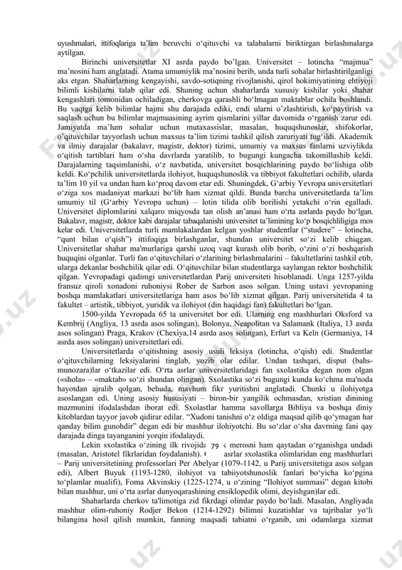 noto‘g‘ri bo‘lar edi. o‘rta asrlar dunyoqarashiga din har doim bir xil ta'sir ko‘rsatmagan. ilk o‘rta asrlarda (v-xi asrlar) rim katolik cherkovining ta'siri juda kuchli edi. xii-xiii asrlarga kelib cherkov rasmona tafakkur sifatida oliy boshchilikni o‘z qo‘lida saqlagan bo‘lsa-da, (universitetlarning rivojlanishi, din aqidalariga suyangan idealistik falsafaning, sxolastikaning paydo bo‘lishi) asta-sekin madaniy hayot cherkovsiz va ba'zida unga qarshi rivojlana boshladi. xiv-xvi asrlarni esa yevropada yangi madaniyat uyg‘onish davri madaniyati, gumanizm madaniyati rivojlanib dindan uzoqlashgan davr, deb qarash o‘rinlidir. o‘rta asrlar boshida savodli kishilar dehqonlar orasidagina emas, zodagonlar orasida ham kam edi, ayrim kishilar hattoki, imzo o‘rniga krest belgisini qo‘yar edi. jismoniy ehtiyojlar va hayotdan lazzatlanishlar mutlaqlashtirilgan rim jamiyatining achchiq saboqlariga tayanib, xristianlik insondagi ruhiyatga, uning ichki dunyosiga asosiy e’tiborni qaratdi. u insonni hamma narsadan o‘zini tiyishga, ko‘ngilli ravishdagi juvonmardlikka, hissiy, jismoniy tuyg‘ularni so‘ndirishga chaqiradi. ruhiyatning jismoniy kamolotdan ustunligini e’lon qilib, xristianlik kishilarning ma’naviyati va axloqini yuksaltirishga intildi. bu davrda oliy diniy hokimiyatni …