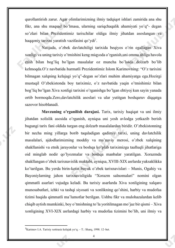 shkil topish jarayonidagi harbiy qo’shini va mudofaa tizimini tahlil qilish; 2. xiva xonligining davlat va harbiy boshqaruvi va mudofaa tizimining tarixiy asarlar, manbalarda yoritilishini chuqur o’rganish va nazariy tahlil qilish; 3. xvii-xviii asrlarda xiva xonligidagi davlat boshqaruvi hamda harbiy ish tarixini yoritib berish va uning eng asosiy jihatlarini ko’rsatib berish; 4. xiva xonligida boshqaruv tizimining o’ziga xos hususiyatlari va uning asosiy jihatlarini ochib berish; 5. chor rossiyasi tomonidan xiva xonligiga qarshi uyushtirilgan harbiy yurishlar vaqtida xonlikdagi harbiy holatning asosiy jihatlarini o’rganish va tahlil qilish; 6. chop etilgan adabiyot va darsliklarda xiva xonligining harbiy va mudofaa tizimi mavzularini yoritilishini masalasini tahlil etish. davriy chegarasi. xiva xongining davlat boshqaruvi, undagi kengash (devon faoliyati) hamda harbiy va mudofaa tizimi mavzusi bo’yicha maxsus tadqiqot ishi olib borilmagan. lekin adabiyotlar, tarixiy asarlar va manbalarda xiva xonligining tarixini o’rganilgan. mazkur mavzuni o’rganish darajasini 3 bosqichga bo’lishimiz mumkin: 1-bosqich: chor rossiyasi bosqinigacha bo’lgan va undan keyingi davrlarga …