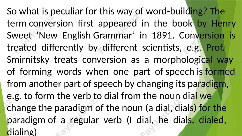 verbs can denote acquisition or deprivation if they are formed from nouns denoting an object, e.g. to fish, to dust, to peel, to paper. d)verbs can denote an action performed at the place denoted by the noun form which they have been converted, e.g. to park, to garage, to bottle, to corner, to pock e)verbs can denote an action performed at the time denoted by the noun from which they have been converted, e.g. to winter, to weekend. verbs can be converted from adjectives, in such cases they denote the change of the state, e.g. to tame (to become or make tame), to clean, to slim etc. verbs can be also converted from other parts of speech, e.g. to down (adverb), to pooh-pooh (interjection). nouns can also be formed by means of conversion from verbs. converted nouns can denote: a) instant of an action, e.g. a jump, a move. b) …
