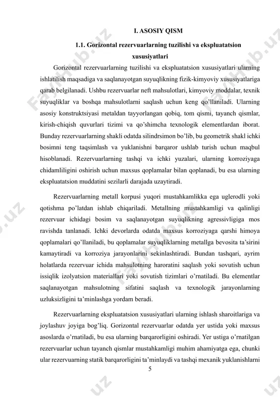 ilgan rezervuarlar uchun tayanch qismlar mustahkamligi muhim ahamiyatga ega, chunki ular rezervuarning statik barqarorligini ta’minlaydi va tashqi mexanik yuklanishlarni qabul qiladi. rezervuarni o’rnatishdan oldin asosni geologik va texnologik tahlil qilish, tayanchlarni beton yoki mustahkam metall strukturalar bilan ta’minlash talab etiladi. rezervuarlarning ekspluatatsiyasi davomida texnik xavfsizlik talablari qat’iy nazorat qilinishi kerak. rezervuar ichidagi bosimni nazorat qilish uchun maxsus o’lchov vositalari, masalan, bosim o’lchagichlar va daraja o’lchagichlar o’rnatiladi. shuningdek, xavfsizlikni ta’minlash maqsadida portlashdan himoya qiluvchi ventilyatsiya tizimlari, havo filtrlari va zaharli gazlarni chiqarish tizimlari qo’llaniladi. rezervuarlarning texnik xizmat ko’rsatish tartibi ham ularning ekspluatatsion xususiyatlarini belgilaydi. masalan, muntazam diagnostika, ichki va tashqi yuzalarning korroziyaga qarshi qoplamalarini yangilash va mahsulot qoldiqlarini tozalash metall konstruktsiyaning uzoq muddat xizmat qilishini ta’minlashda muhim ahamiyatga ega. rezervuarlarning saqlash hajmi va geometrik o’lchamlari ularning ekspluatatsion xususiyatlariga bevosita ta’sir ko’rsatadi. katta hajmli rezervuarlar saqlash hajmini oshirish bilan birga ichki bosimni ko’tarishga qodir, biroq ularning konstruksiyasi murakkab bo’lib, qo’shimcha mustahkamlash elementlarini …
