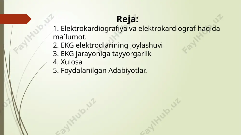 orning terisi bilan aloqa qilishni ta'minlaydi. uning tanasi biosignal sifatida ishlaydi va elektrokardiograf apparati esa mahkamlash moslamasi hisoblanadi. ma'lumot olingan ma'lumotlarni kerakli shaklga aylantirishni ta'minlaydigan maxsus sensorga yuboriladi. ekg elektrodlarining standart to'plami 6 ta nok elektrodlari va 4 ta oyoq-qo'l qisqichlari elektrodlaridan iborat. ekg elektrodlari bir martalik va qayta ishlatilishi mumkin, shuningdek biriktirish usuliga ko'ra tasniflanadi: so'rg'ichlar (nok) - ko'krak ekg elektrodlari, kiyim qisqichlari - oyoq-qo'llardagi ekg elektrodlari. bir martali ishlatiladigan ekg elektrodlari foydalanish uchun qulayroq, aniqroq, gigeynik va kattaroq yopishtiruvchi sirt maydoniga ega. ular 1-2 daqiqada foydalanishga tayyor bo'lib, ekg yozish paytida harakatlanmaydi va uning yuqori aniqligini ta'minlaydi. tekshiruvdan so'ng bir martalik ishlatiladigan tibbiy elektrodlardan qayta foydalanmaslik kerak. odam badanidan yurak biopotensiallarini olish uchun willem einthoven ikki qo‘lning bilaklariga va chap oyoqga elektrodlar o‘rnatib, biopotensiallarni shu elektrodlar oralig‘idagi potensiallar ayirmasi sifatida olib, qayd etishni kiritgan. elektrodlarni belgilanishi quyidagicha bo‘ladi: r – o‘ng qo‘l elektrodi, l – chap qo‘l, f …