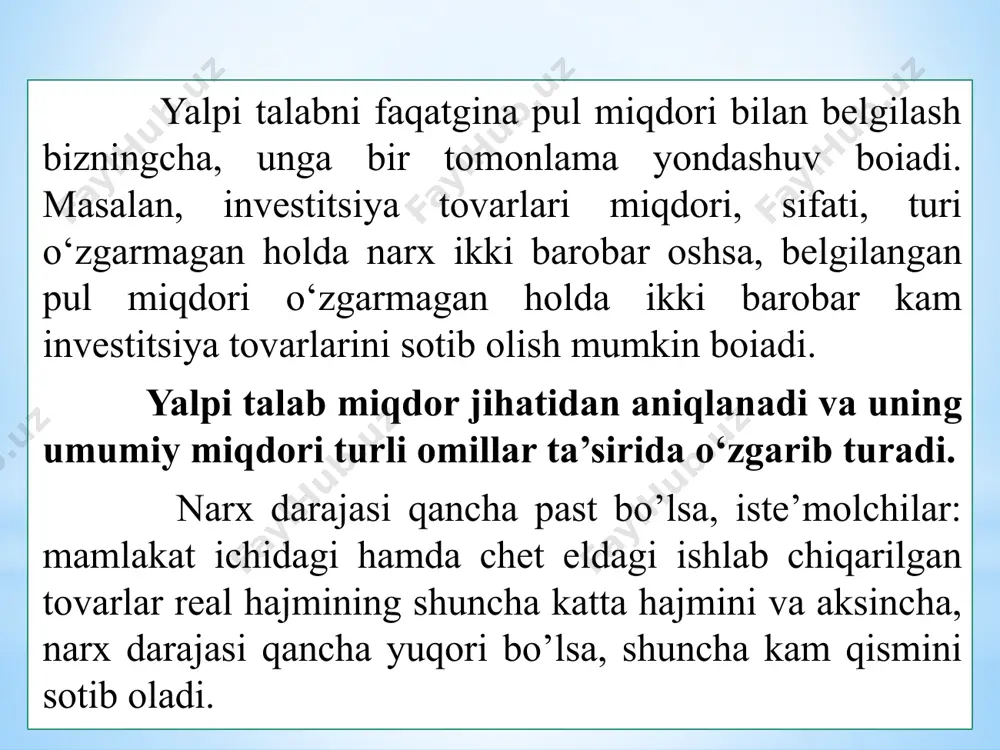 ga va yalpi talabning qisqarishiga olib keladi. bu yerda gap mamlakatda pul massasi hajmining o‘zgarishi oqibatida foiz stavkalarining o‘zgarishi haqida boradi. pul massasining ko‘payishi foiz stavkasini pasaytiradi va shu orqali kapital qo‘yilmalar hajmini ko‘paytiradi. aksincha, pul massasining kamayishi foiz stavkasining oshishiga va investitsiyalarning qisqarishiga olib keladi. investitsiyalardan kutiladigan foyda. kapital qo‘yilmalardan yuqori foyda olishning kutilishi investitsion tovarlarga talabni oshiradi va aksincha, istiqbolda investitsion dasturlardan foyda olish noaniq bomsa, investitsiyalarga sarflar kamayish tamoyiliga ega bo‘ladi, demak, yalpi talab ham kamayadi. soliqlar. korxonadan olinadigan soliqlarning ko‘payishi kapital qo'yilmalardan olinadigan foydaning kamayishiga va demak, investitsion sarflar va yalpi talabning qisqarishiga olib keladi. aksincha, soliqlarning qisqarishi bunday foydani va investitsion sarflarni ko‘paytiradi. texnologiya. yangi va takomillashgan texnologiya investitsion sarflarni va shu orqali yalpi talabni rag‘batlantirish tamoyiliga ega bo‘ladi. ortiqcha quvvatlar. ortiqcha quvvatlar, ya’ni mavjud foydalanilmaydigan asosiy kapitalning ko‘payishi, yangi investitsion tovarlarga talabni va natijada yalpi talabni kamaytiradi. ishlab chiqarish quvvatlaridan to‘liq foydalanilganda tadbirkorlar ko'proq …