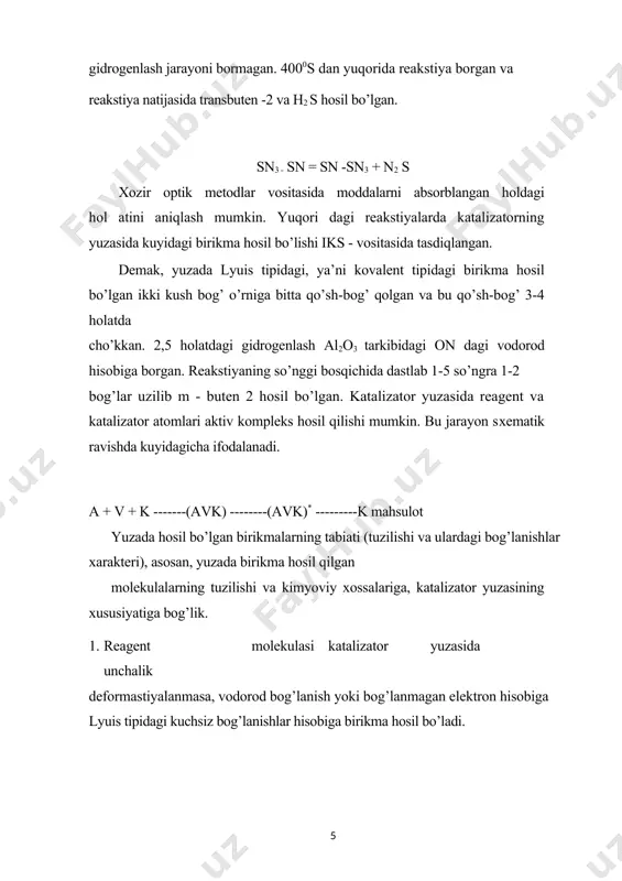 di, 2-chi tashuvchiga sochilgan katalizator miqdorini tashuvchi yuzasini monomolekulyar qatlam bilan qoplash uchun kerak bo’lgan katalizator miqdorida nisbati. tashuvchiga sochilgan katalizatorni solishtirma aktivligi (a) umumiy aktivlik (a) ning qoplash darajasiga bo’lgan nisbatiga teng, bu miqdor juda kichik bo’lganda, ya’ni uning tashuvchi yuzasiga juda kam miqdorda katalizator sochilganligi qiymati katalizatorning suyultirilgan katlami deyiladi. katalizatorning juda suyultirilgan qatlamida olib borilgan tajribalar katalitik aktivlikning umumiy (a) va solishtirma (a) aktivlikning sochilgan katalizator miqdorida ekstremal bog’langanligining (egri chiziqning maksimum yoki minimumdan o’tishini) ko’rsatadi. bu grafikda ordinatalar o’qiga katalizatorning aktivligi, abstissa o’qiga esa qoplanish darajasi qo’yilgan rasmdan ko’rinadiki, katalitik qoplanish ma’lum darajasida maksimum qiymatiga ega bo’ladi va bu maksimum juda kuchli suyultirishda (odatda 0,001-0,01da) namoyon bo’ladi. bu tajribalarning natijalariga asoslanib kobzev 1939 yilda o’zining aktiv ansambllar nazariyasini yaratdi. bu nazariya kataliz tajribasida kutilgan ko’p gina fikrlarni sababini tushuntirib berdi, lekin bu nazariya hanuz takomillashtirilmoqda. bu nazariyaga ko’ra aktiv markazlar ma’lum miqdordagi bir qancha atomlar ansamblidan …