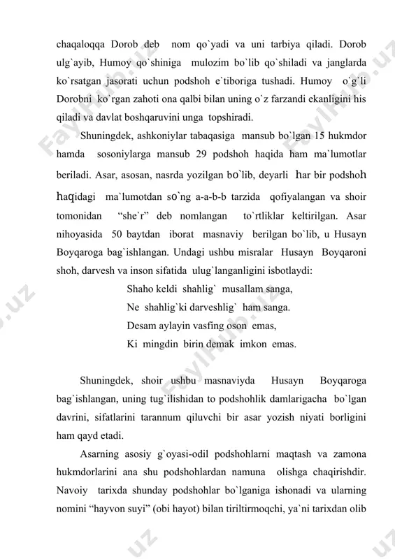 3 hukamo haqida fikr yuritiladi. navoiy asarda payg`ambarlarni 4 guruhga ajratadi: 1. mursol payg`ambarlar: bularga jabroil vositasida vahy kelgan. 2. g`ayri mursal payg`ambarlar: ilhom yoki tushdagi vahiylik orqali elga rahnomalik qiladilar: 3. ulul-azm payg`ambarlar: osmoniy kitoblar nozil bo`lgan kishilar. 4. xotam payg`ambar: eng so`nggi payg`ambar bo`lib, bu muhammad (s.a.v.) dir. alisher navoiy nafaqat badiiy adabiyot va adabiyotshunoslik, balki qiyosiy tilshunoslikka ham muhim hissa qo`shgan. uning tilshunoslikka bag`ishlangan “muhokamat ul-lug`atayn” asari turkiy tilning imkoniyatlarini fors-tojik tiliga chog`ishtirish orqali ko`rsatib berishga bag`ishlangan. asar 1500-yilda yozilgan bo`lib, unda turli tilda mavjud bo`lgan, ammo sort (fors) tilida muqobili bo`lmagan 100 ta so`z, shuningdek bir necha ko`p ma`noli so`zlar, forsiy tilda birgina varianti mavjud bo`lgan sinonim so`zlar, ayrim hayvon va parranda nomlari, kiyim-kechak nomlari, yeguliklar nomi, kasb-hunarni atovchi otlar haqida ma`lumot beriladi. ayrim so`zlar haqida gapirganda navoiy turkiy nazmlardan misollar keltirib, fikrini isbotlaydi. masalan, “sinqarmoq” so`zi xususida to`xtalib, shunday deydi: “...biri sinqarmoq lafzidurki, mubolag`a mundin …